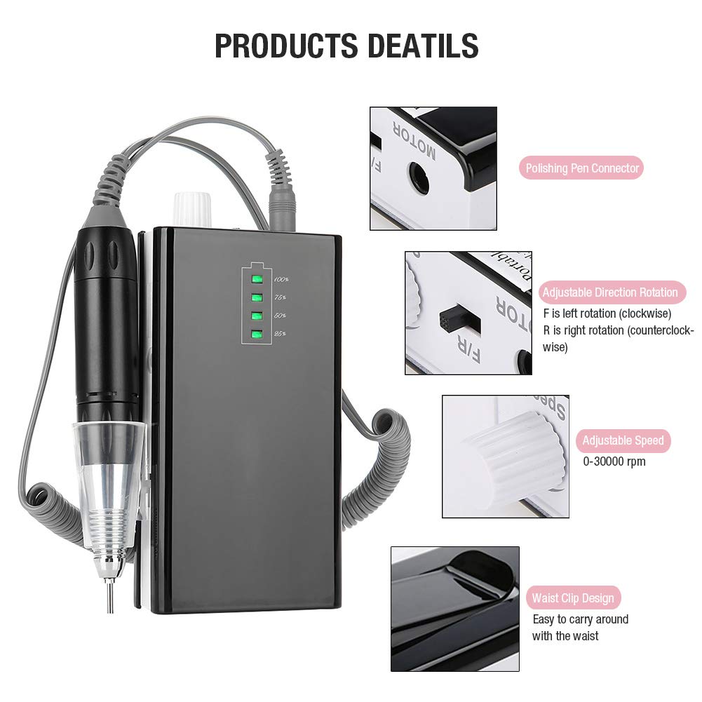 Professional Cordless Electric Nail Drill Kit - 30000 RPM Rechargeable Manicure Pedicure Tool with 6 Bits & LED Light | Perfect for Home Salon, Nail Art & DIY Nail Care
