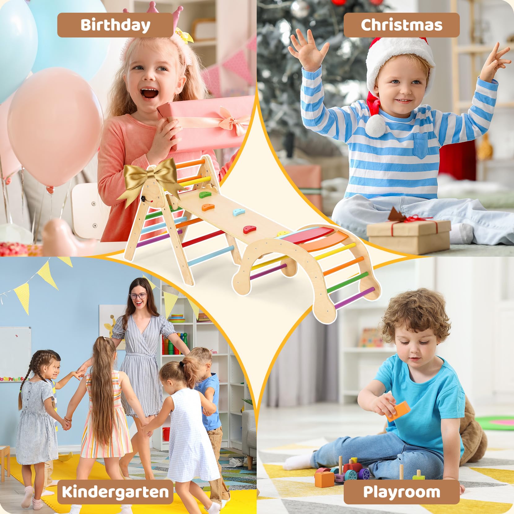 YOLEO 7-in-1 Foldable Pikler Triangle Set - Large Montessori Wooden Climbing Toys for Toddlers Ages 1-3 | Indoor Playground & Jungle Gym Playset with Rainbow Arch | Perfect for Home Playrooms, Daycares & Montessori Classrooms