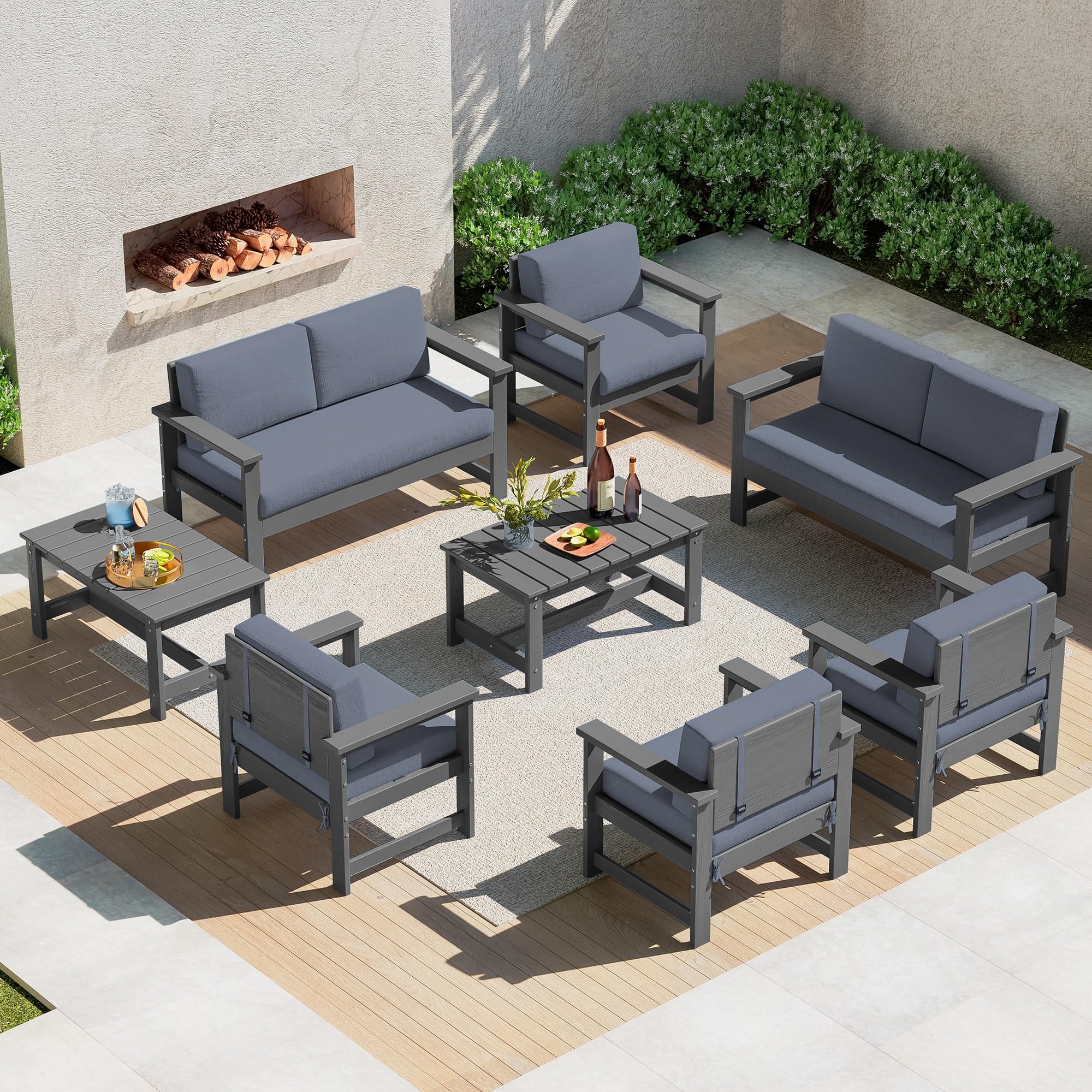 SERWALL 8-Piece HDPE Outdoor Patio Conversation Sofa Set with Weatherproof Cushions - All-Weather Loveseat & Coffee Table Furniture for Backyard, Garden, Poolside (Grey Frame & Grey Cushions) - Perfect for Entertaining, Relaxing & Outdoor Social Gatherings