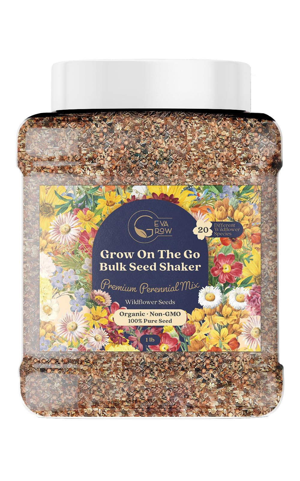 Bulk Wildflower Seed Shaker – 1 Pound Tub with 900,000+ Perennial Flower Seeds Mix (20 Varieties) by Geva Grow – Perfect for Gardens, Meadows & DIY Wedding Favors