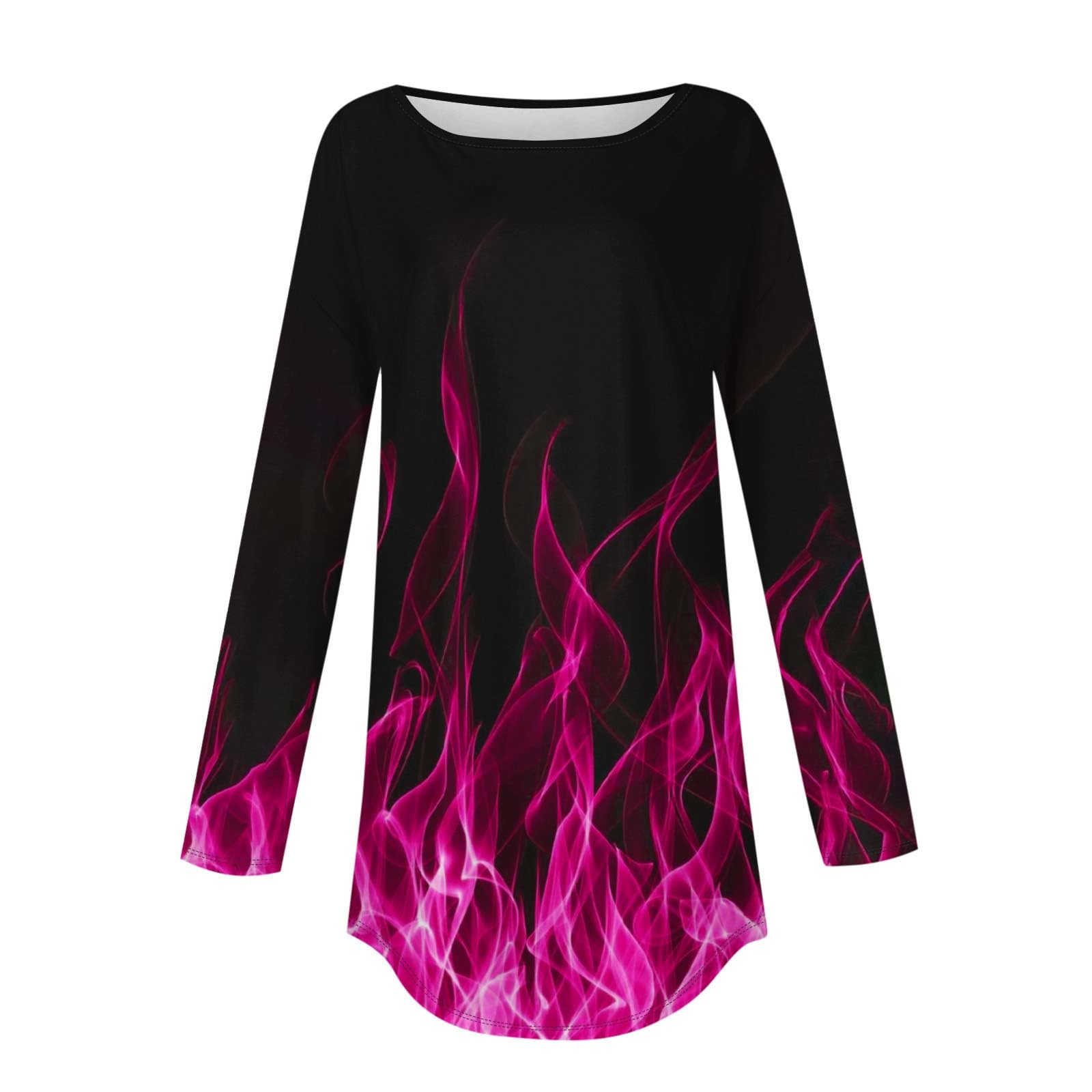Women's Long Sleeve Crewneck Pullover Tops - Trendy Fire Print Graphic Tees, Casual Loose Blouse for Everyday Wear, Street Style & Fall Layering
