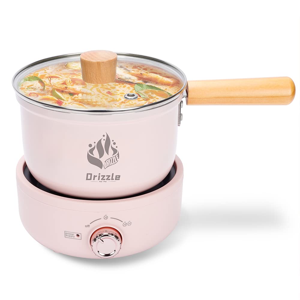 Drizzle Electric Hot Pot Cooker 1.8L - Portable Skillet Grill & Steamer for Dorm, Office, Travel - Perfect for Cooking Ramen, Noodles, Steak, Eggs, Pasta & Oatmeal - Ideal for Small Spaces & Quick Meals