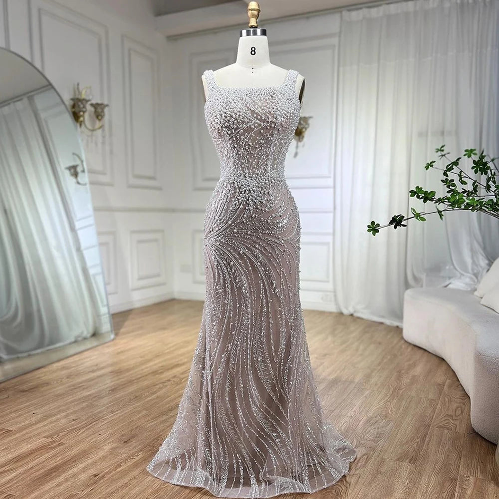 Elegant White Nude Spaghetti Strap Mermaid Evening Gown with Luxury Pearl Beading - Women's Formal Dress for Wedding, Prom & Special Occasions