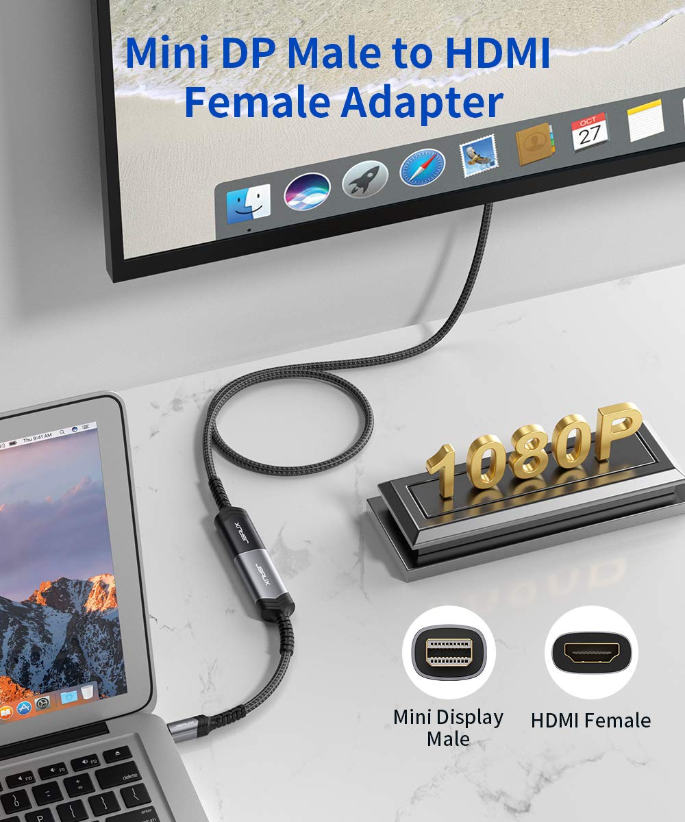 JSAUX Mini DisplayPort to HDMI Adapter - Aluminum Shell with Nylon Braided Cable for MacBook Pro/Air, Surface Pro, Monitors & Projectors | 4K Video Output | Home Theater & Office Setup (Grey)
