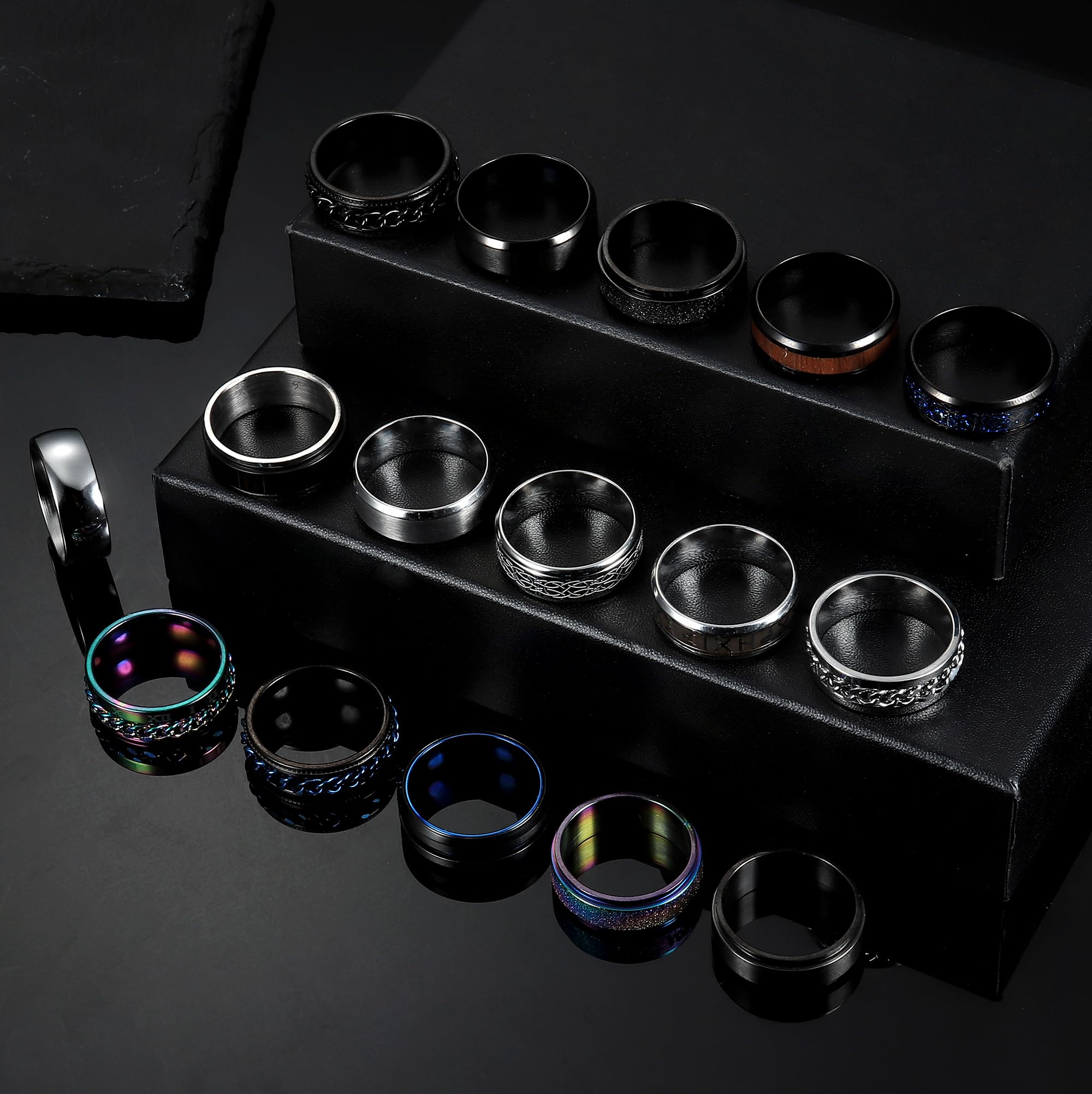 CASSIECA 16 Pcs Stainless Steel Spinner Fidget Rings for Men - Silver & Black Matte Finish, Polished Band, Celtic Chain & Bottle Opener Rings - Wedding, Engagement, Promise Rings (Size L1/2-Z1/2) - Perfect for Stress Relief, Gifts & Everyday Wear