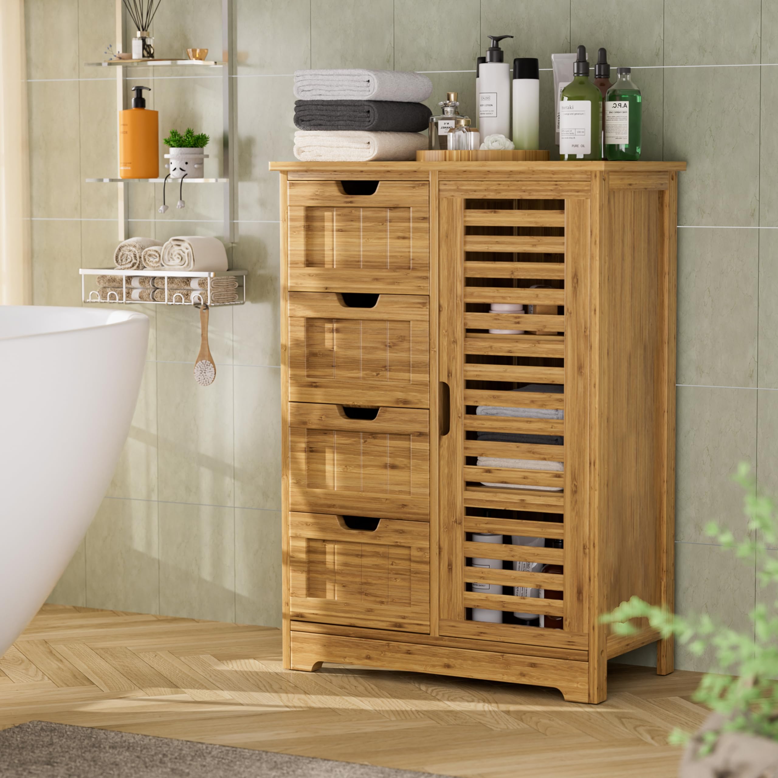 Bamboo Bathroom Storage Cabinet with 4 Drawers & 2 Removable Shelves - Freestanding Floor Cabinet for Bathroom, Living Room, Bedroom Organization - Perfect for Small Spaces, Towel & Toiletry Storage