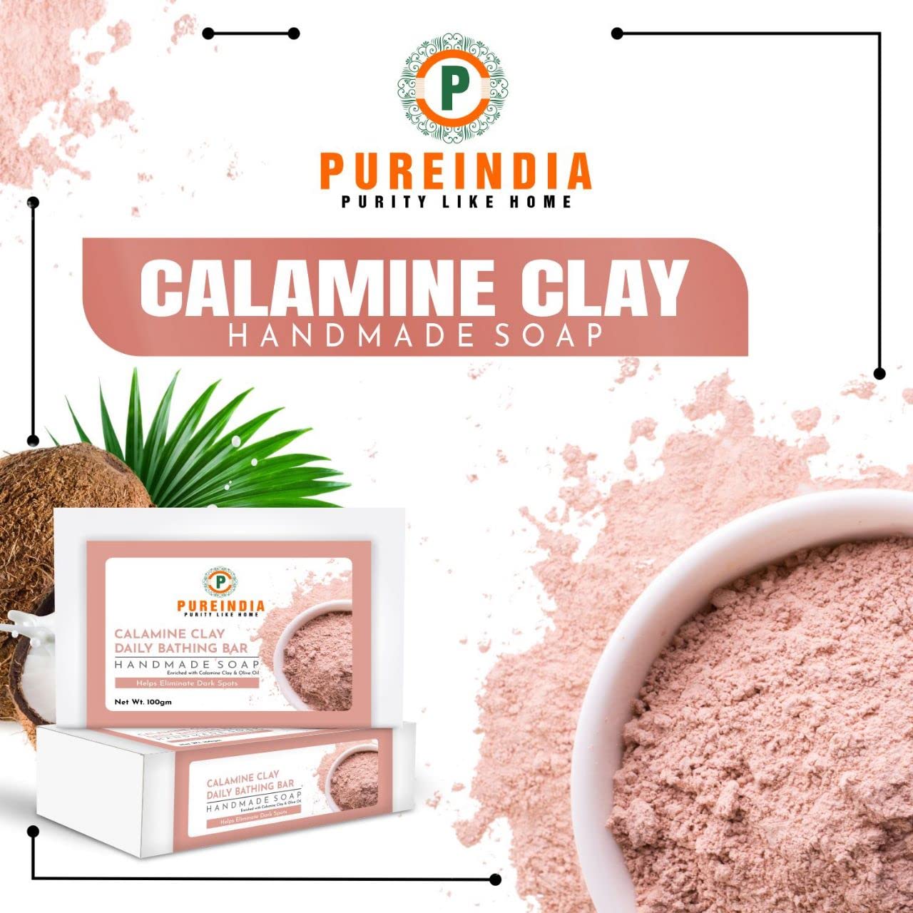 PureIndia Handmade Calamine Clay Soap Bar for Acne, Oily Skin & Sensitive Skin - Natural Exfoliating & Cleansing Bar (Pack of 3, 100g Each) - Perfect for Daily Skincare Routine & Spa Bathing