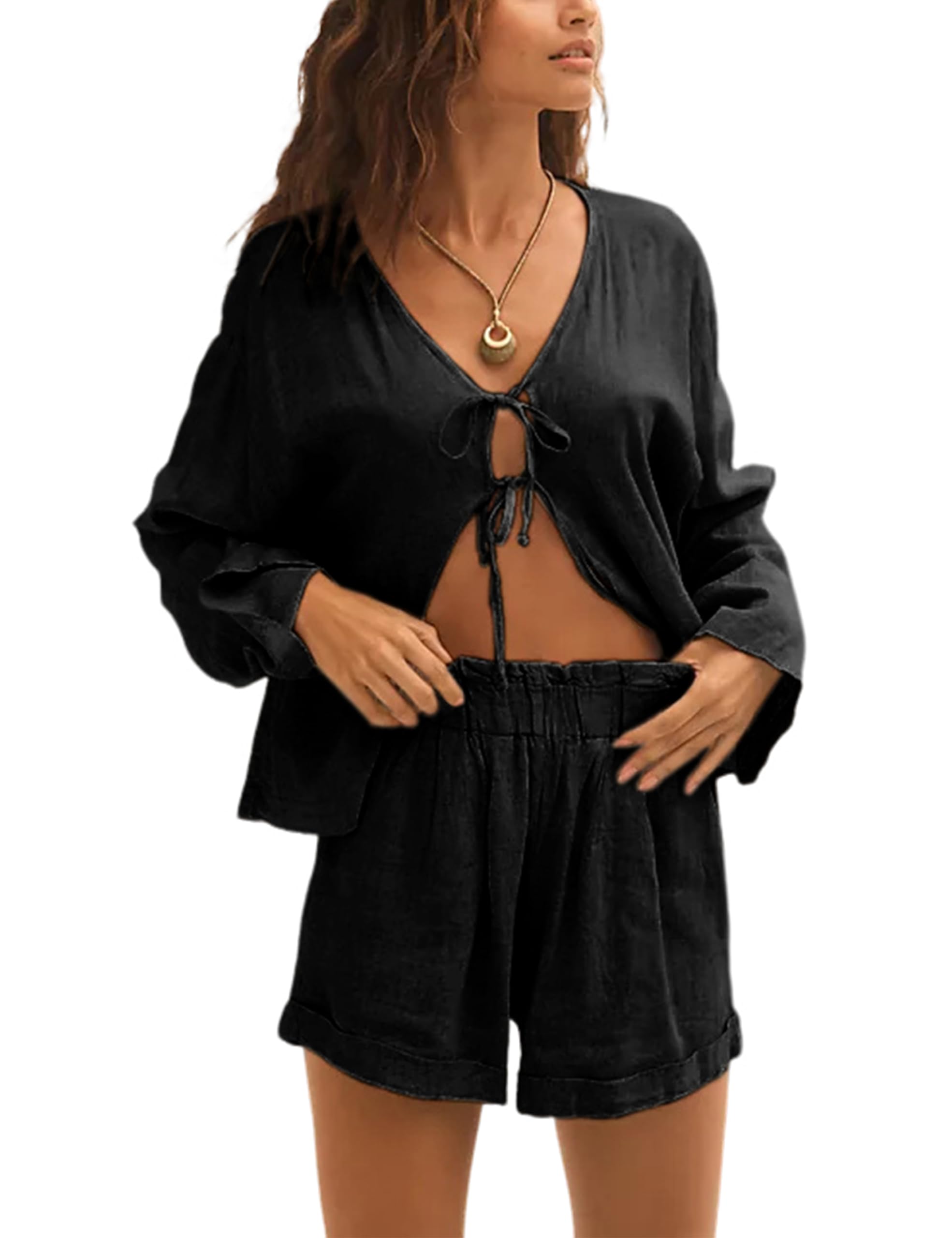 Women's 2-Piece Outfit Set - Long Sleeve Lace-Up Top & Shorts Summer Lounge Wear with Pockets | Casual Outfits, Beach Cover-Up, Vacation Matching Sets