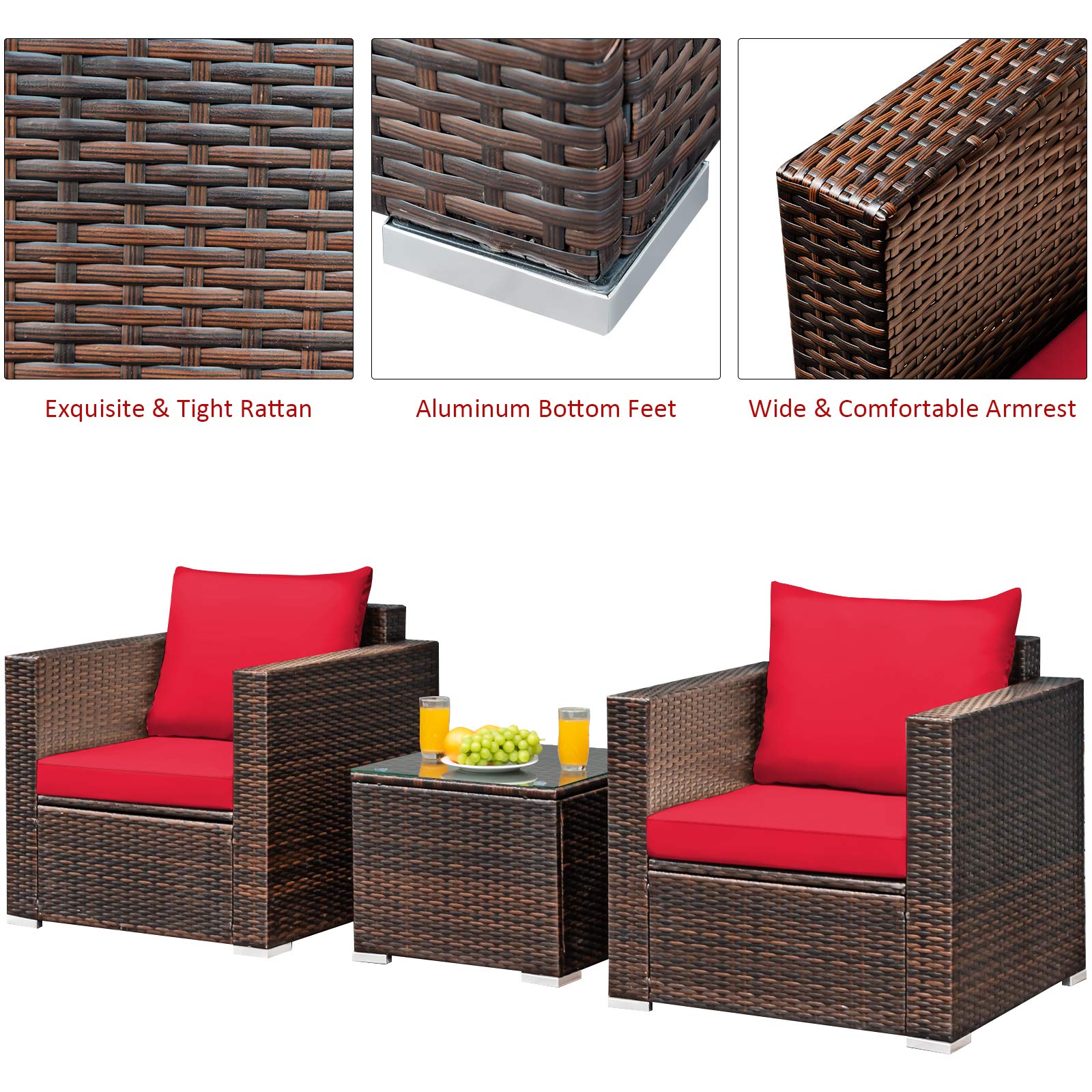 Tangkula 3-Piece Outdoor Patio Furniture Set with Washable Cushions & Tempered Glass Table - PE Rattan Wicker Sofa Set for Garden, Poolside, Balcony - Perfect for Relaxing, Entertaining & Outdoor Dining