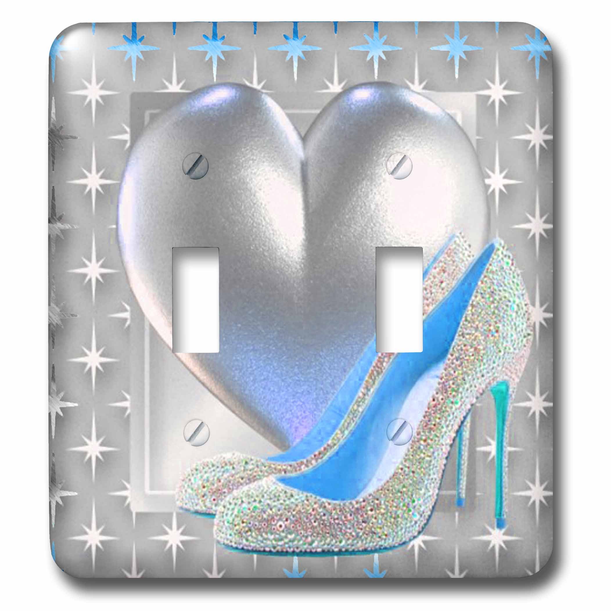3D Rose Silver and Blue Heart with Bling Shoe Light Switch Cover - Decorative Wall Plate for Bedroom, Bathroom, and Home Decor