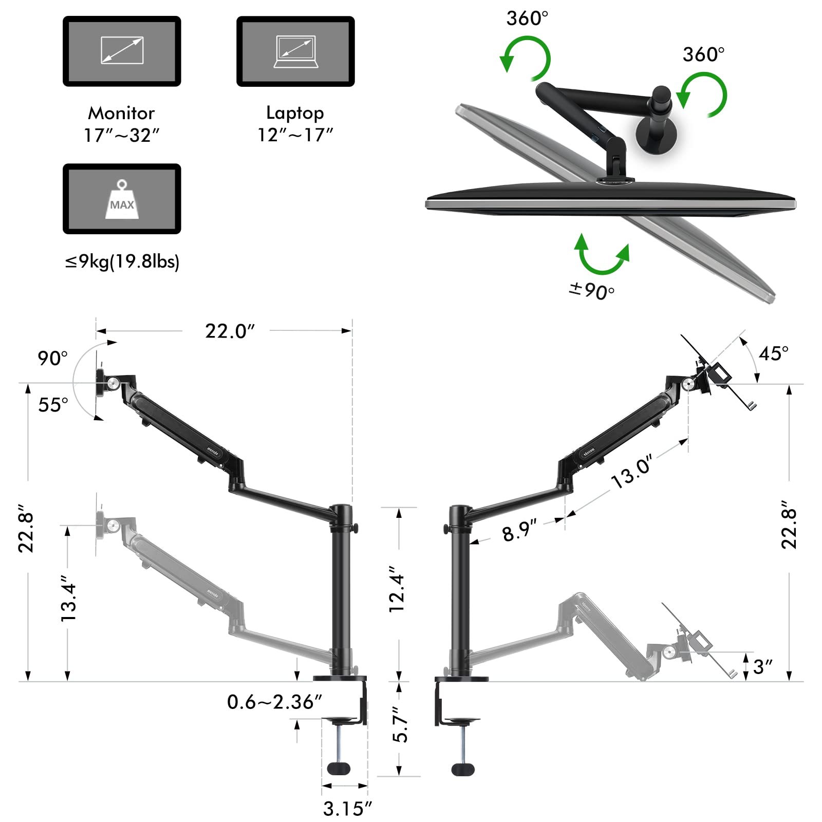 Viozon Adjustable Gas Spring Monitor Arm Stand with Laptop Tray - Heavy Duty Desk Mount for 17-32 Inch Computer Screens & 12-17 Inch Laptops - Perfect for Home Office, Gaming Setup and Workspace Ergonomics