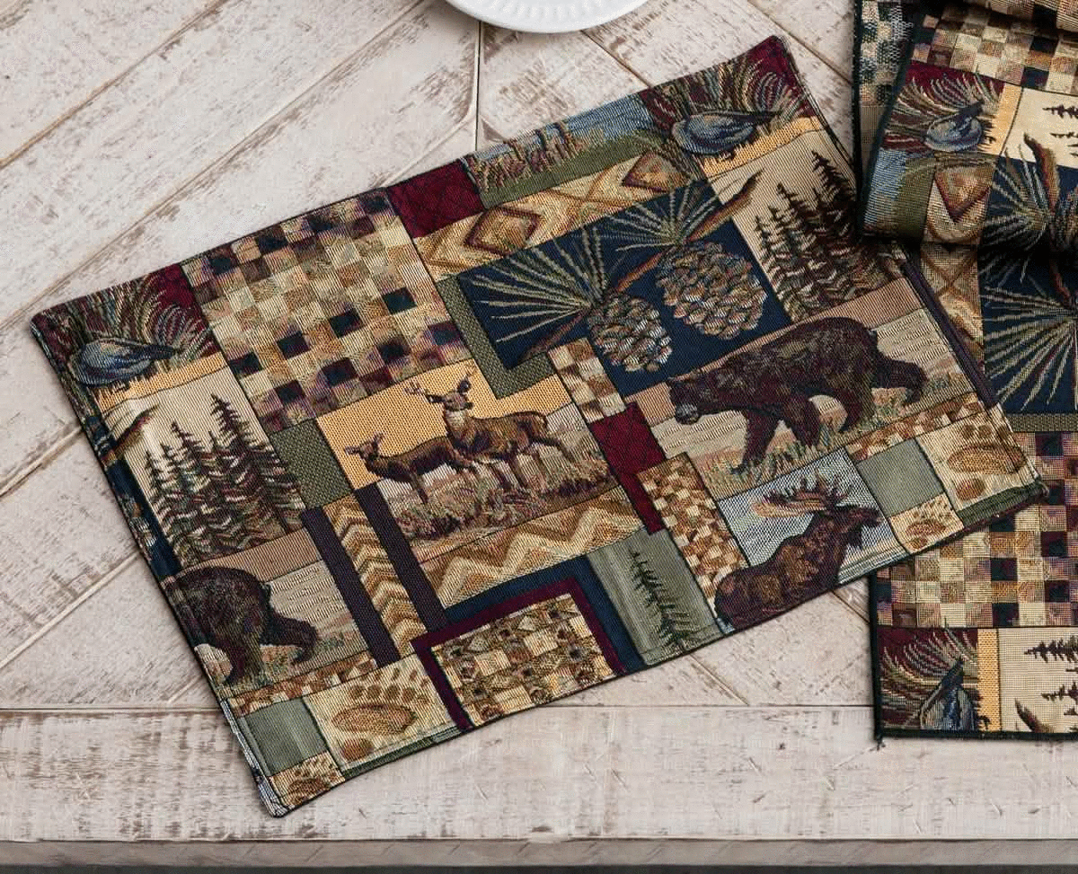BFD Woodland Cabin Placemats - Reversible to Solid Color - Set of 4 - Perfect for Rustic Dining & Holiday Table Decor