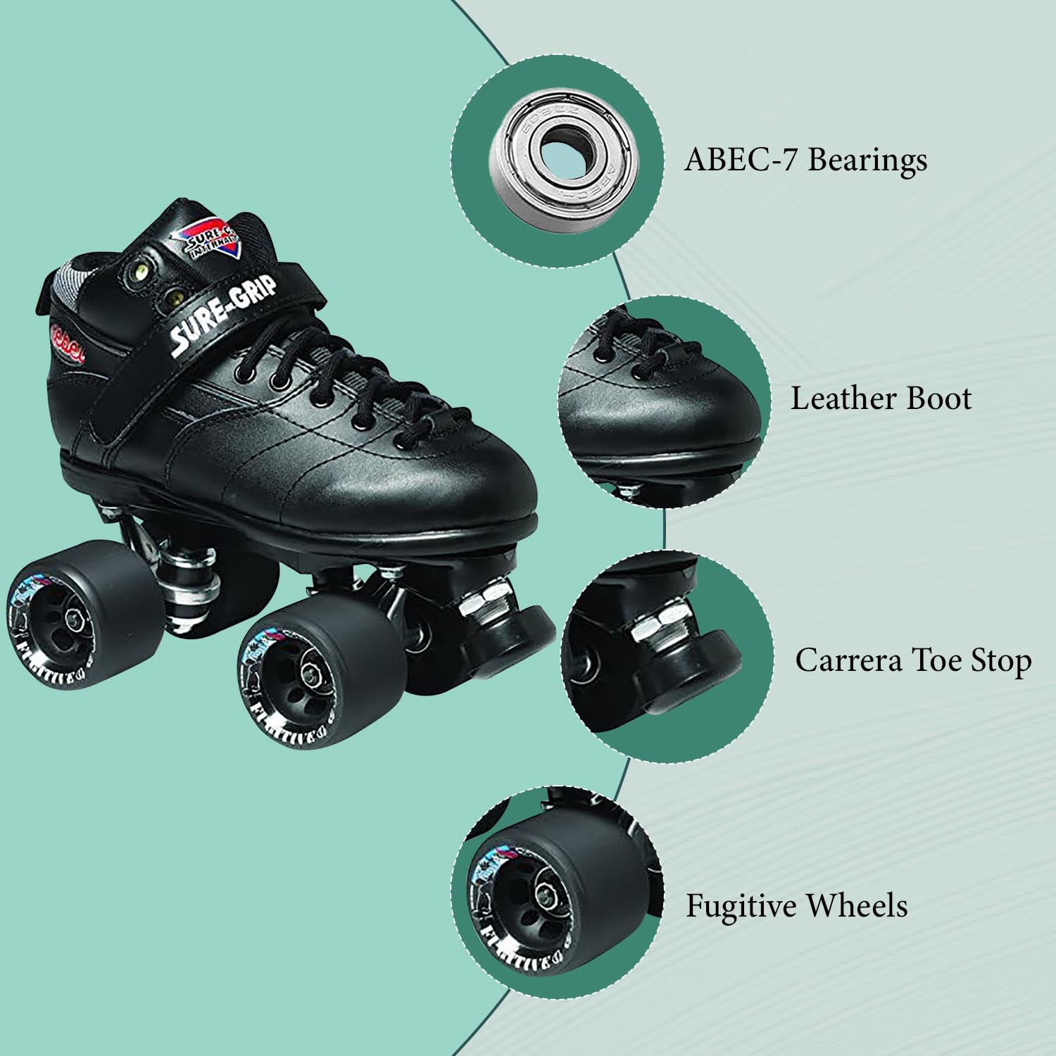 Sure-Grip Rebel Derby Roller Skates for Men & Women - 62mm Polyurethane Wheels for Smooth Ride - Super X Plate for Extended Support - Indoor & Outdoor Skating - Beginner Friendly Roller Skates - Perfect for Rink, Park, Street Skating and Derby Training