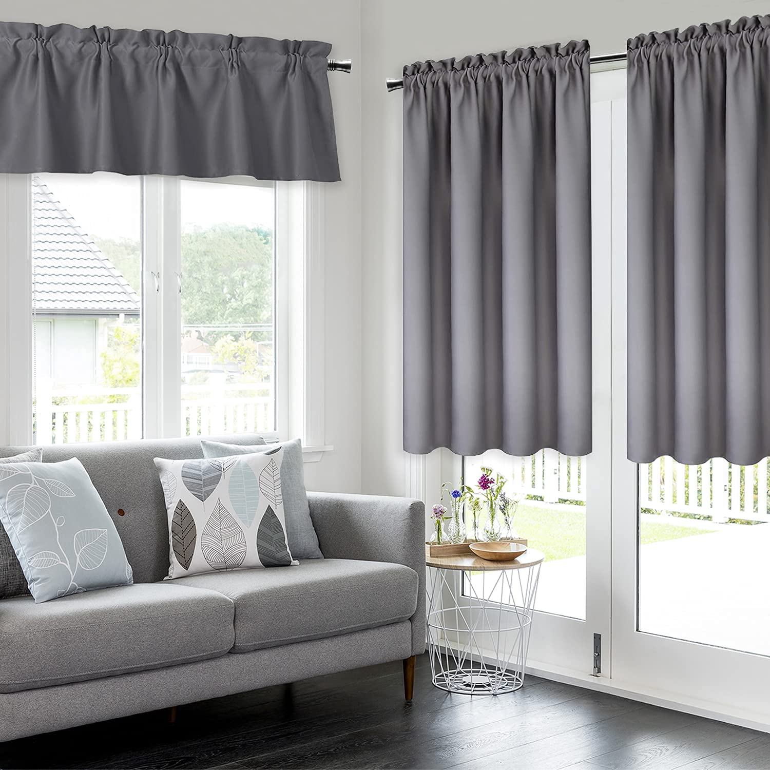 DWCN Grey Blackout Curtains Set - 42x45 Inch Rod Pocket Window Curtains & 42x18 Inch Valance for Kitchen, Living Room, Bedroom | Light Blocking, Noise Reducing, Thermal Insulation for Better Sleep & Privacy