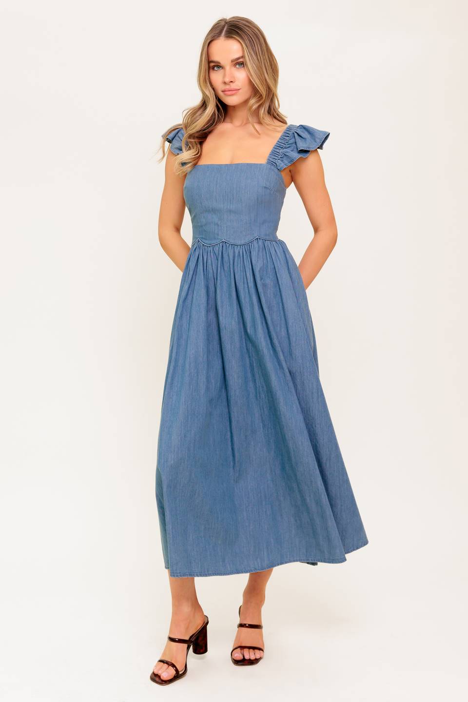 Stylish DRIFTWOOD PETAL CHAMBRAY MIDI DRESS for Women | Floral Print Summer Dress | Perfect for Beach Vacations, Date Nights & Casual Outings