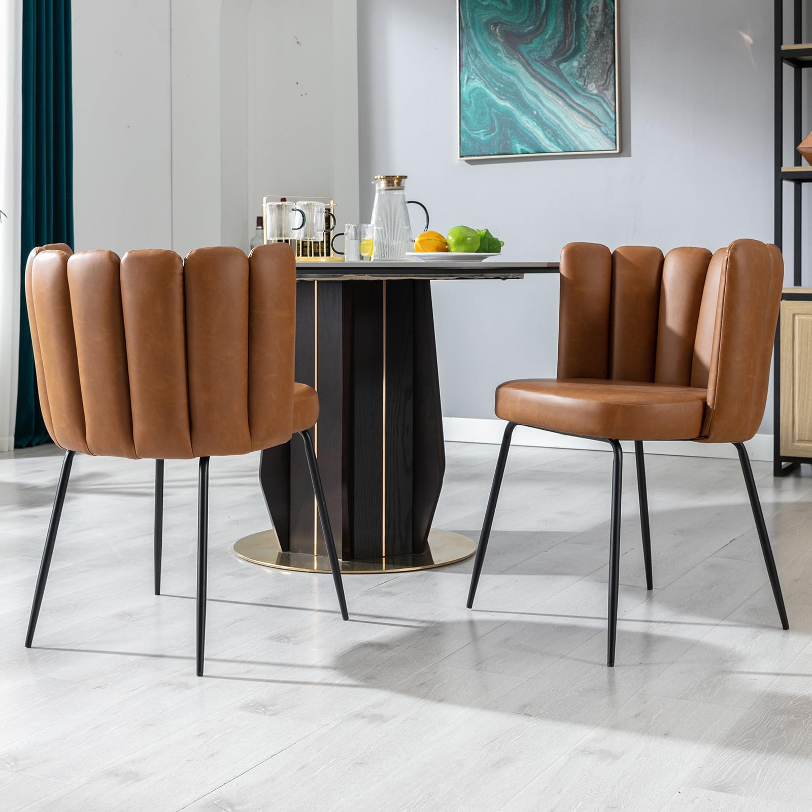 Modern Brown PU Leather Dining Chairs Set of 2 - Armless Faux Leather Upholstered Kitchen Side Chairs with Black Metal Legs - Perfect for Home, Kitchen, Living Room & Dining Room Decor