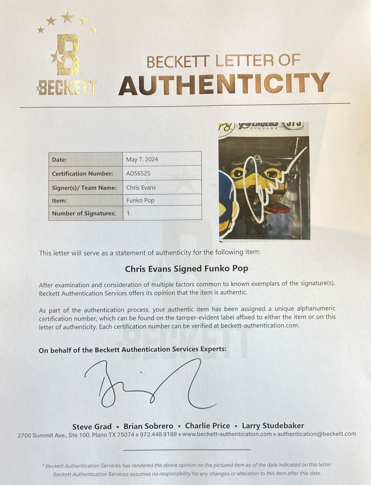Chris Evans Signed Captain America Avengers Endgame Funko Pop #573 with COA - Rare Collectible for Marvel Fans, Movie Memorabilia, Gift for Superhero Lovers