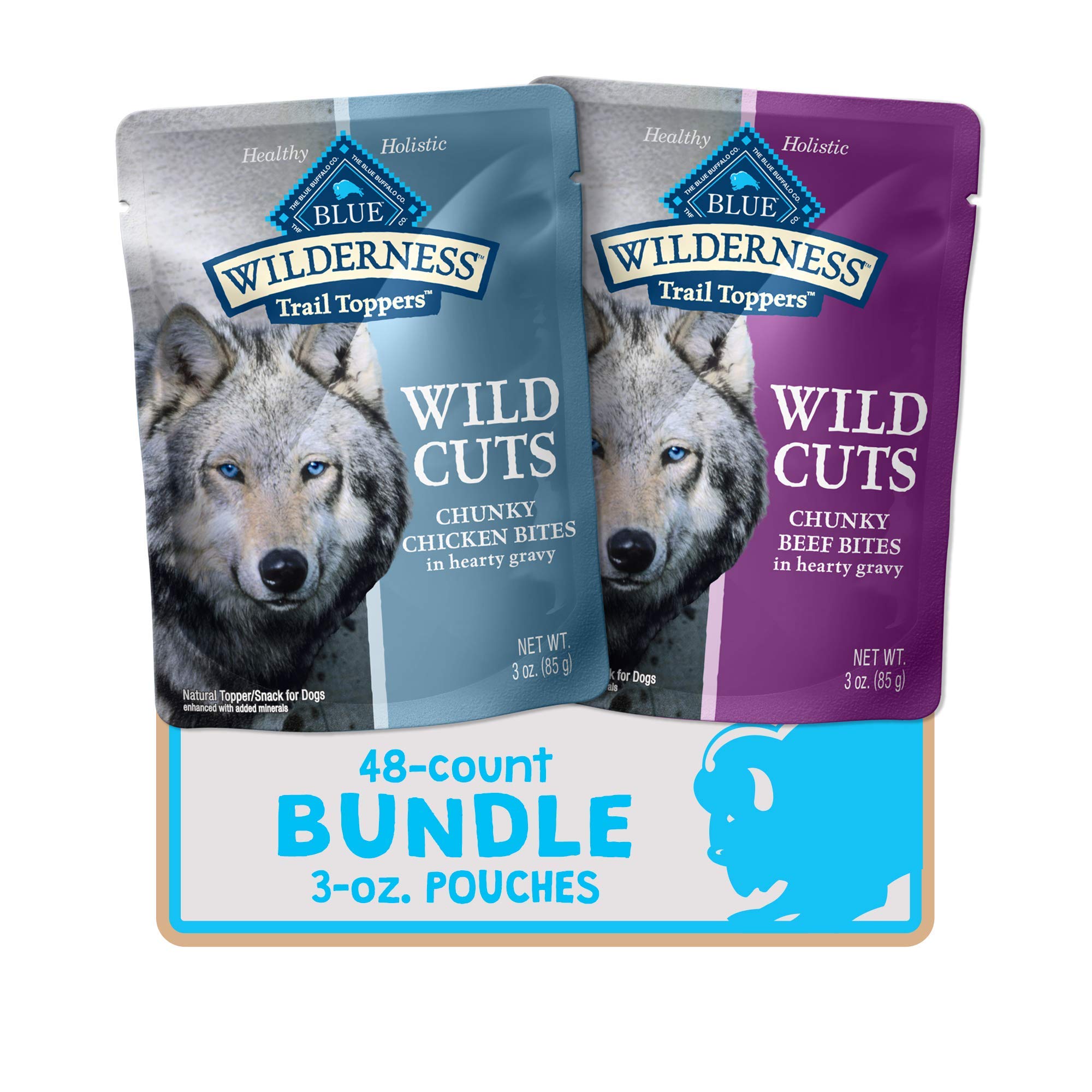 Blue Buffalo Wilderness Trail Toppers Wild Cuts High Protein Natural Wet Dog Food - Chicken & Beef Bites in 3-oz Pouches (48 Count, 24 Each Flavor) - Perfect for Topping Dry Kibble or as a Tasty Meal Enhancer for Active Dogs