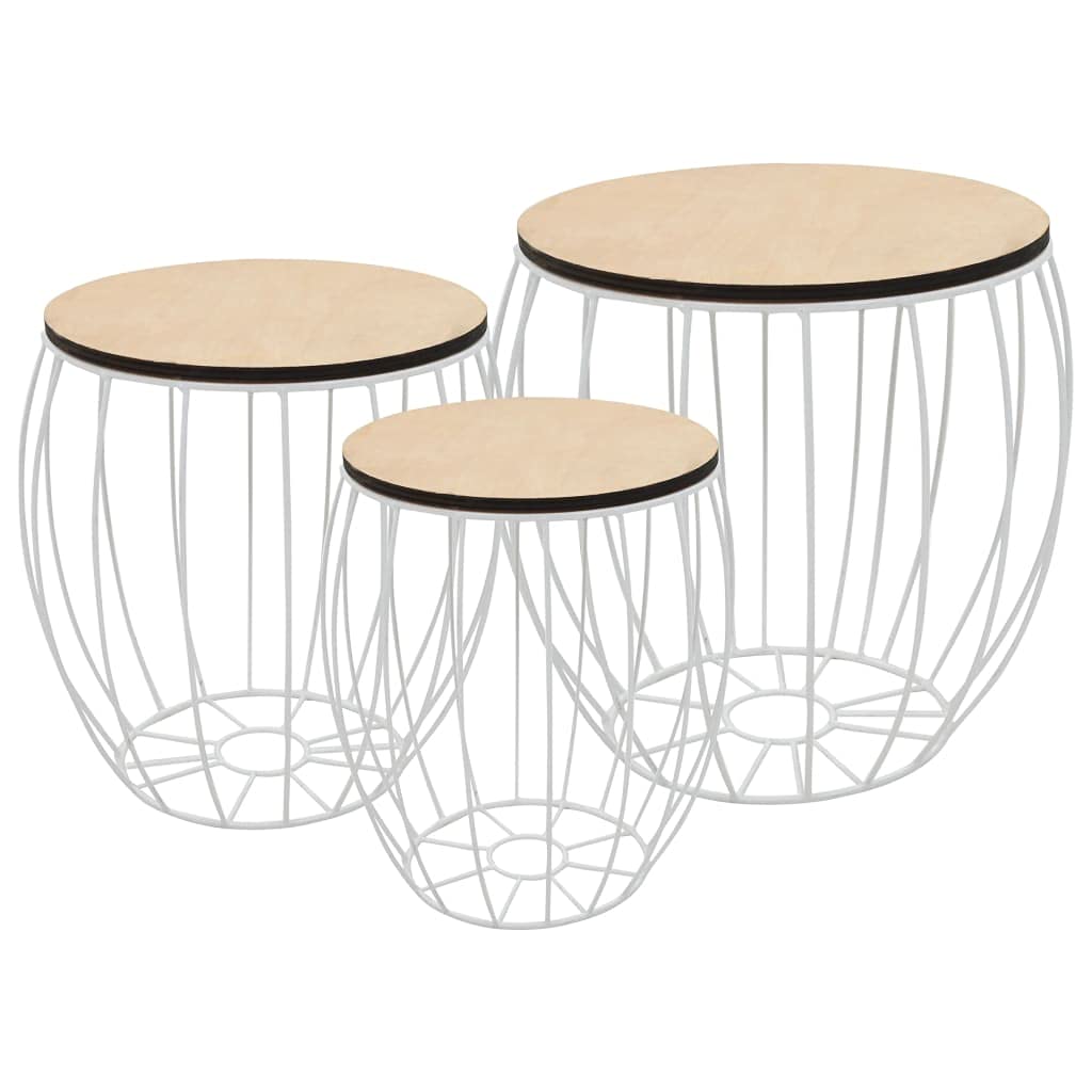 Esenlong 3-Piece Coffee Table Set - Living Room, Bedside, Plant Stand - White Iron & Poplar Plywood