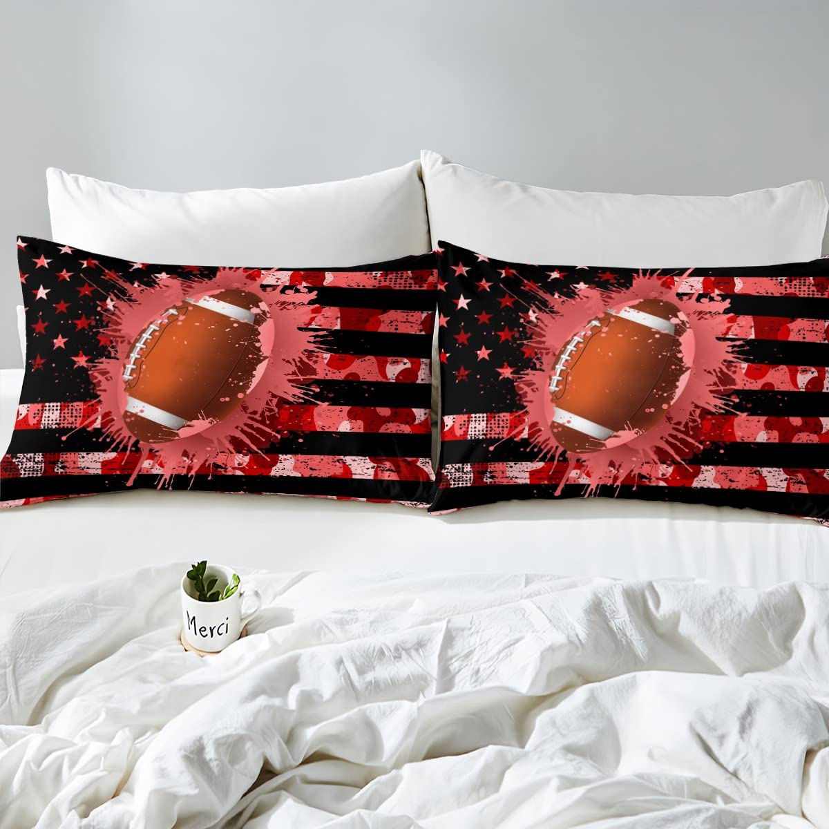 American Flag Twin Bedding Set - Football Soccer Comforter for Kids, Boys & Teens - USA Sports Themed Duvet Cover with Tie Dye Grunge Design - 2 Piece Set Includes Quilted Duvet & Pillowcase (Red) - Perfect for Game Day Decor, Teen Bedroom & Patriotic Home Styling