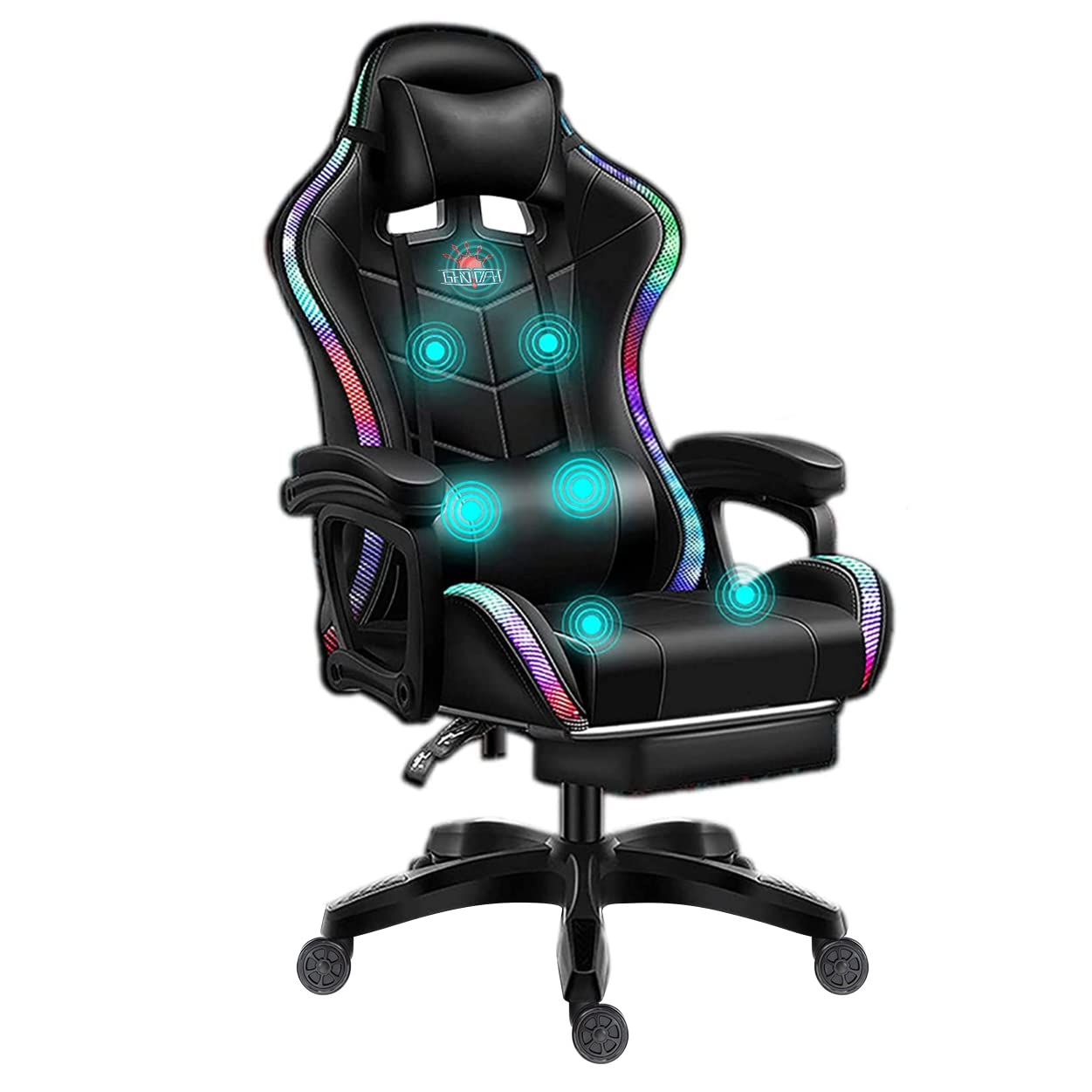 Premium LED Gaming Chair with Massage & Bluetooth Speakers - Adjustable PU Leather Computer Desk Chair with Footrest & Reclining Backrest - Perfect for Esports, Streaming & Home Office Setup (Black)