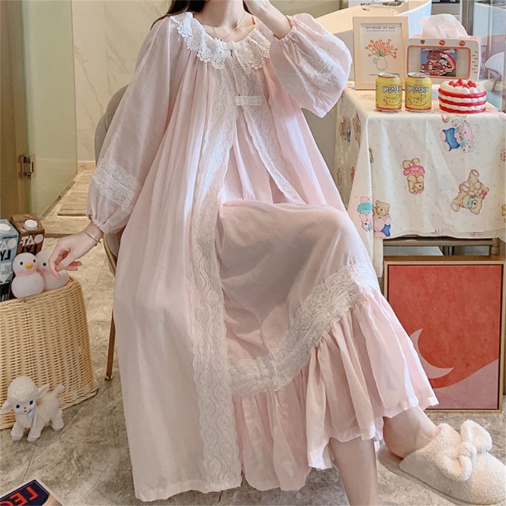 KGEZW Women's Vintage Cotton Long Robe Sleepwear - Fairy Night Dress for Autumn, Pink Size L - Perfect for Cozy Nights & Romantic Bedtime Wear