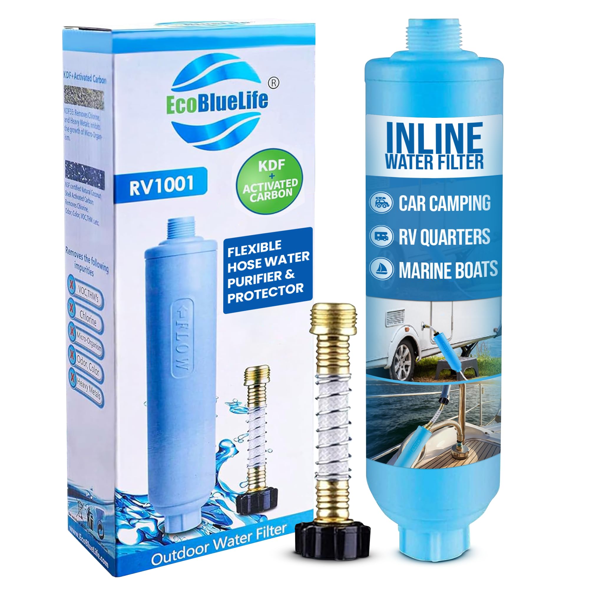 EcoBlueLife RV Water Filter - Inline Attachment with KDF & Activated Carbon for Clean Drinking Water | Flexible Solution for Camper, Marine, RV, and Off-Grid Living | Best Rated Water Purification System (EBL RV1001)