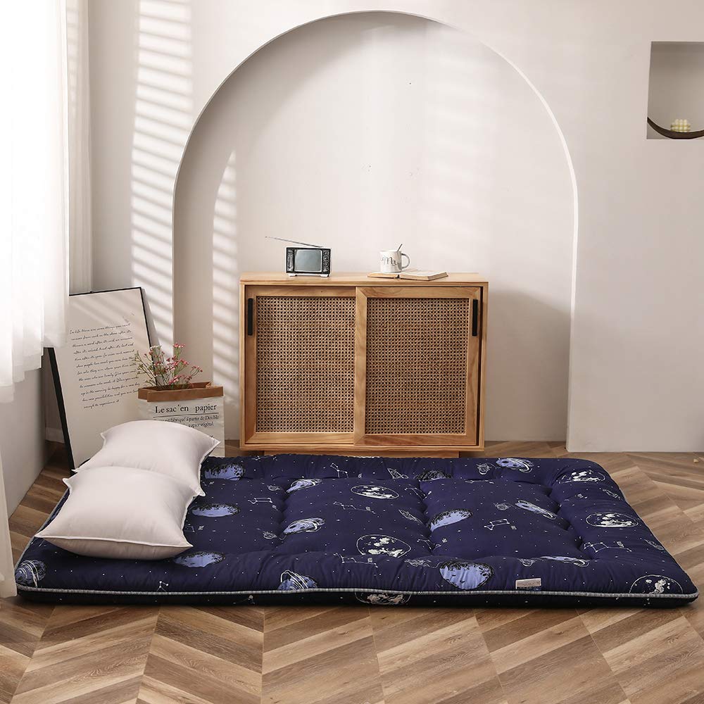 Navy Space Adventure Japanese Floor Futon Mattress - Thick Tatami Mat Sleeping Pad, Foldable Bed Roll Up Mattress for Floor Lounger, Couches & Sofas - Queen Size for Kids & Adults | Perfect for Guest Beds, Camping, Dorm Rooms & Small Spaces