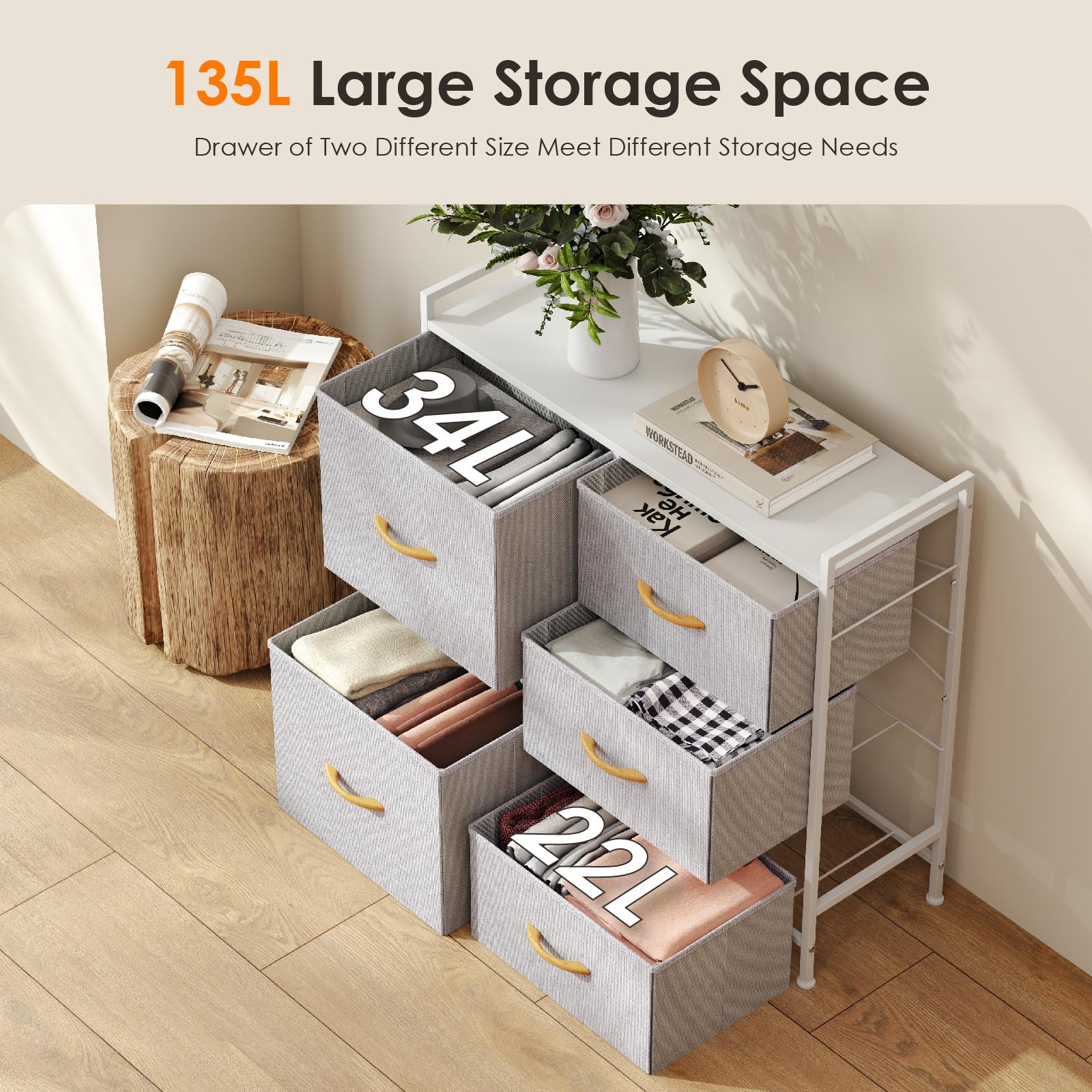 ROMOON 5-Drawer Fabric Dresser for Bedroom Storage - Space-Saving Closet Organizer with Drawers for Kids Room, Nursery, Living Room & Hallway (Grey) - Perfect for Small Spaces & Home Organization