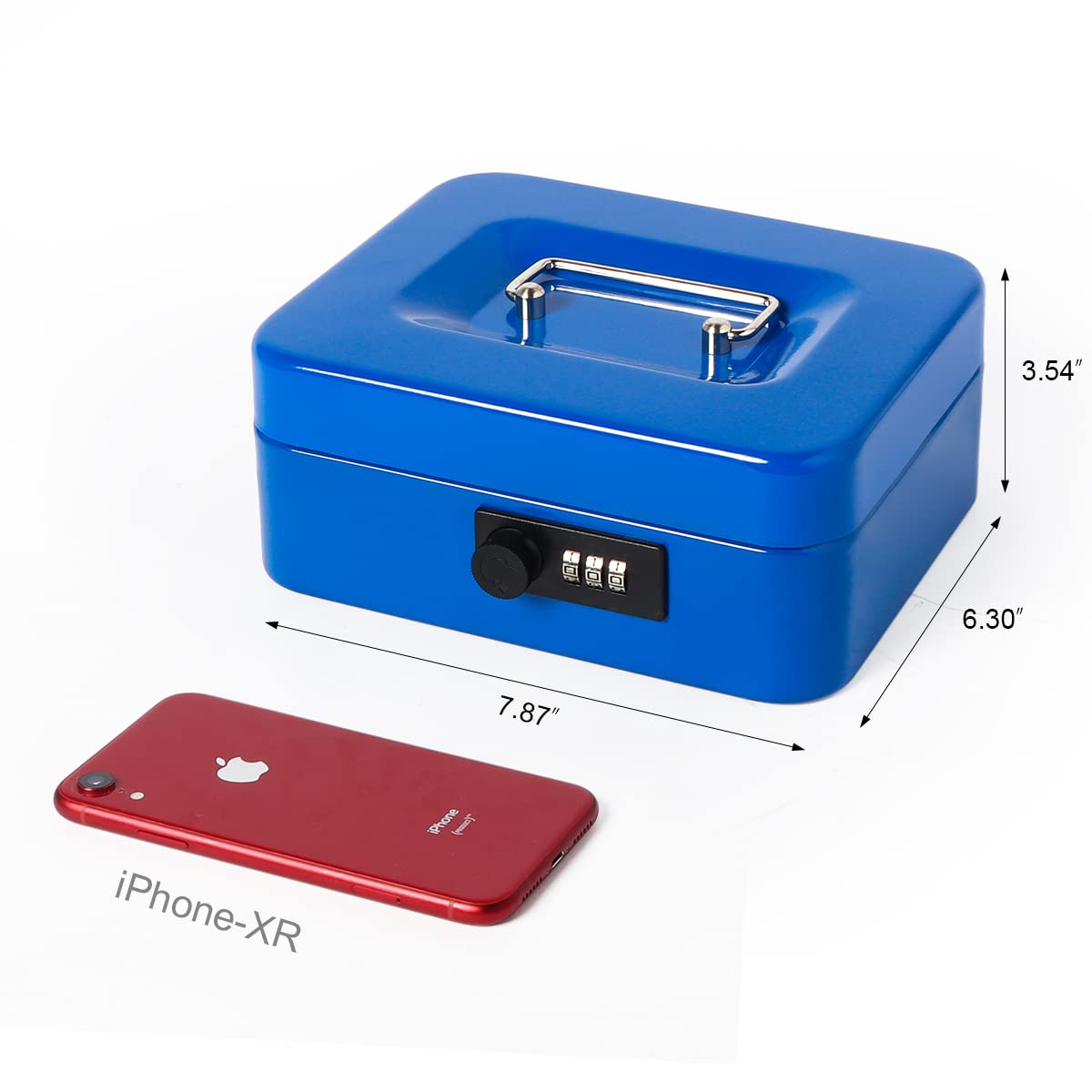 Small Metal Cash Box with Combination Lock - 7.87 x 6.3 x 3.54 Inch Money Storage Box with Removable Tray - Secure Cash Organizer for Home, Office, Retail & Travel (Blue)