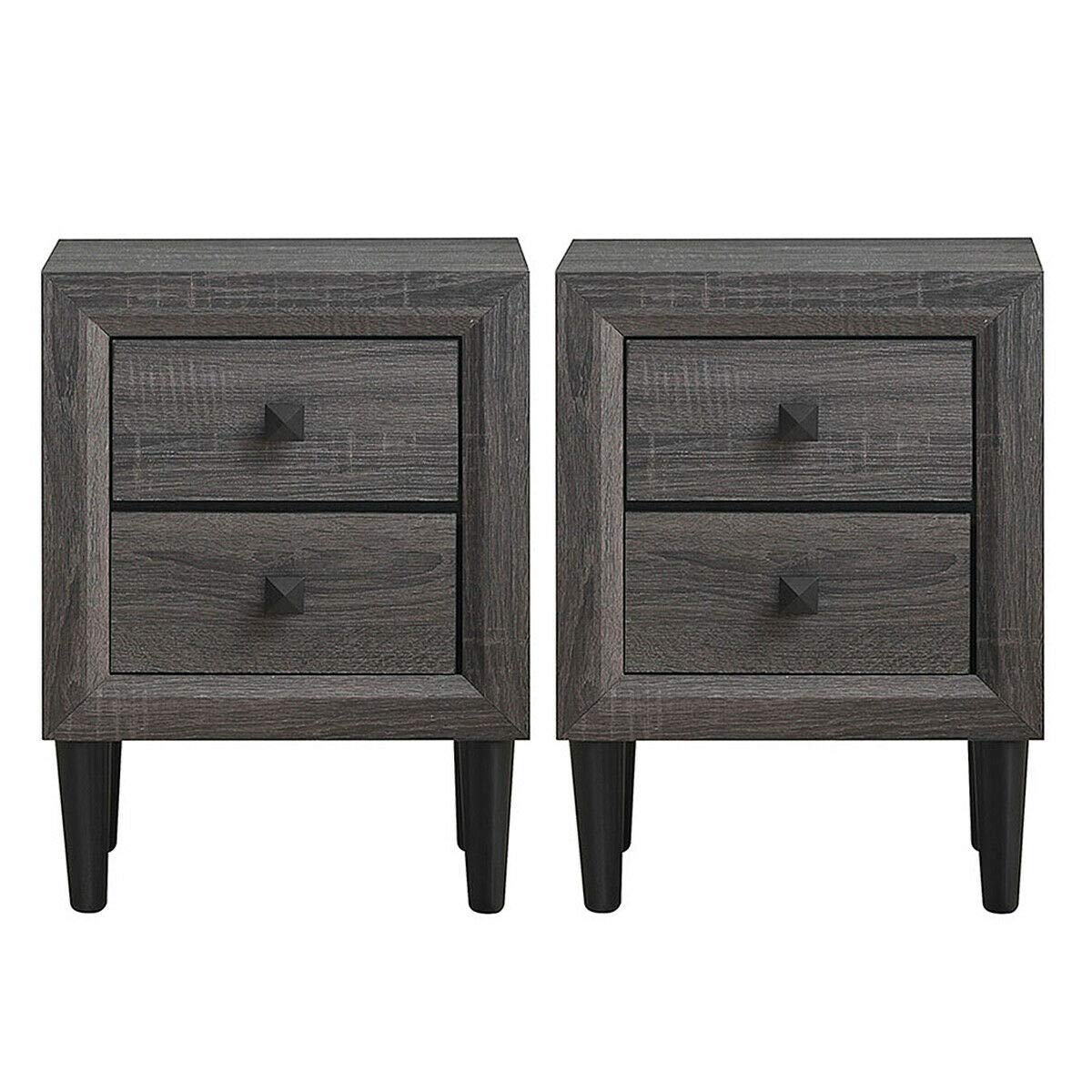 Caraya Retro Nightstand Set of 2 - Grey Space-Saving Bedside Table with 2 Sliding Drawers for Bedroom, Living Room & Office Storage | Multipurpose Side Table for Small Spaces