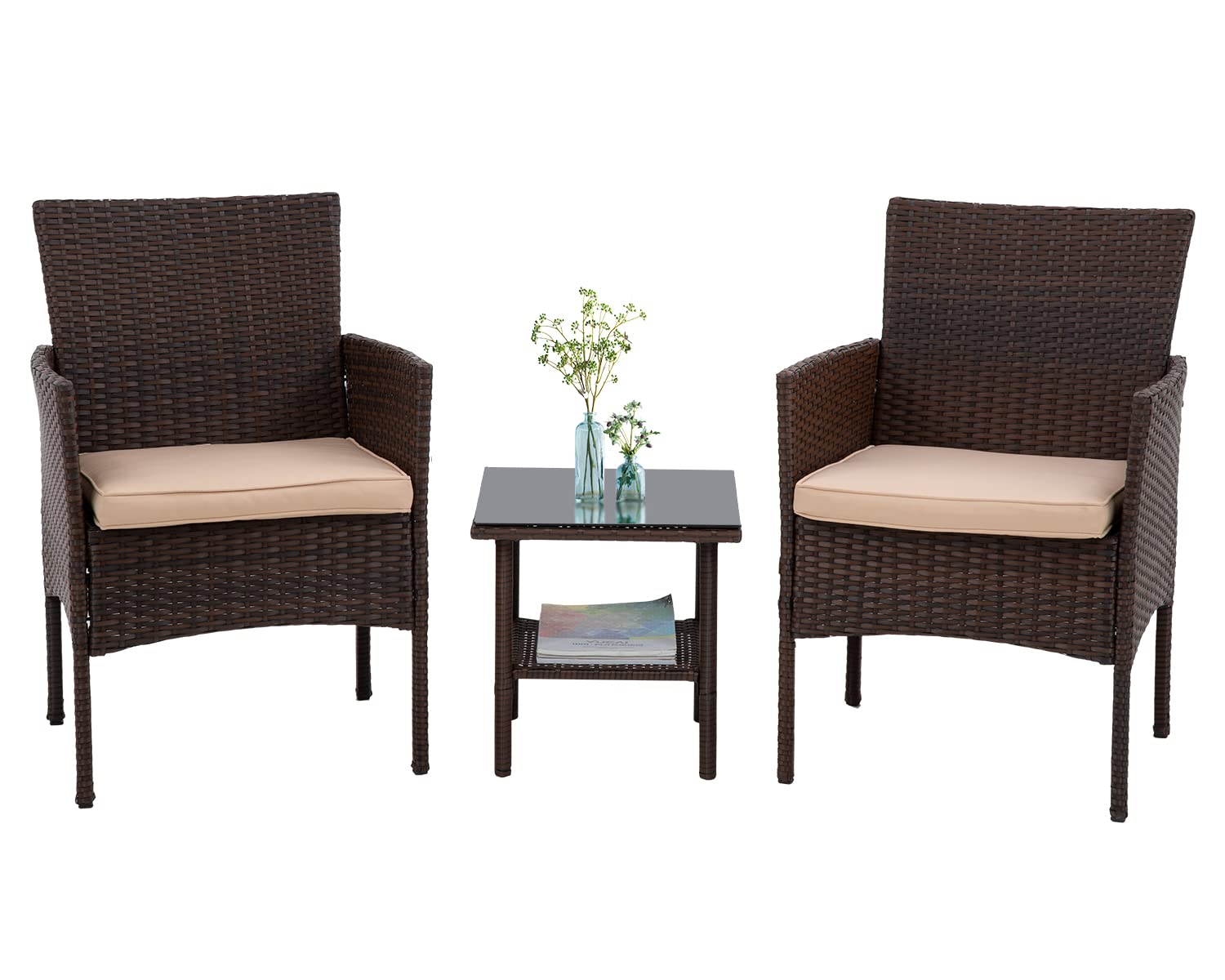 3-Piece Wicker Patio Furniture Set - Outdoor Rattan Chairs & Table for Backyard, Porch, Poolside or Lawn - Brown Conversation Bistro Set for Relaxing & Entertaining