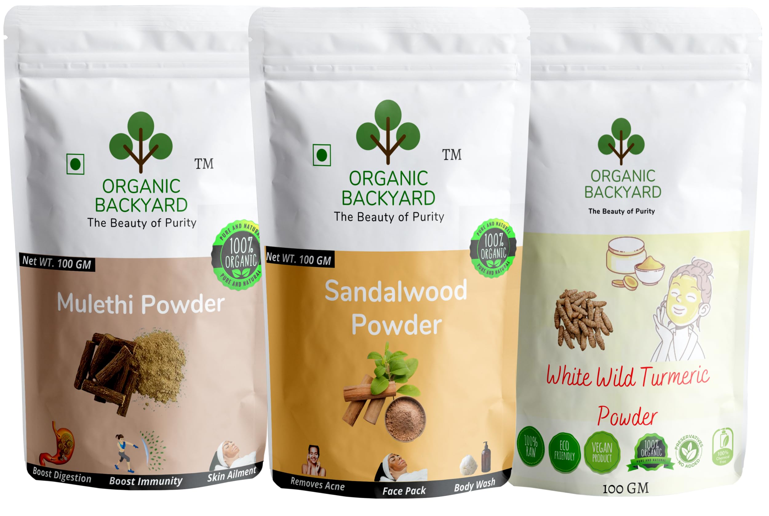 Organic Mulethi, Sandalwood & White Turmeric Powder for Glowing Skin - 3-Pack (100g Each, 300g Total) | Natural Face Mask, Brightening & Anti-Aging Skincare for Daily Beauty Routine