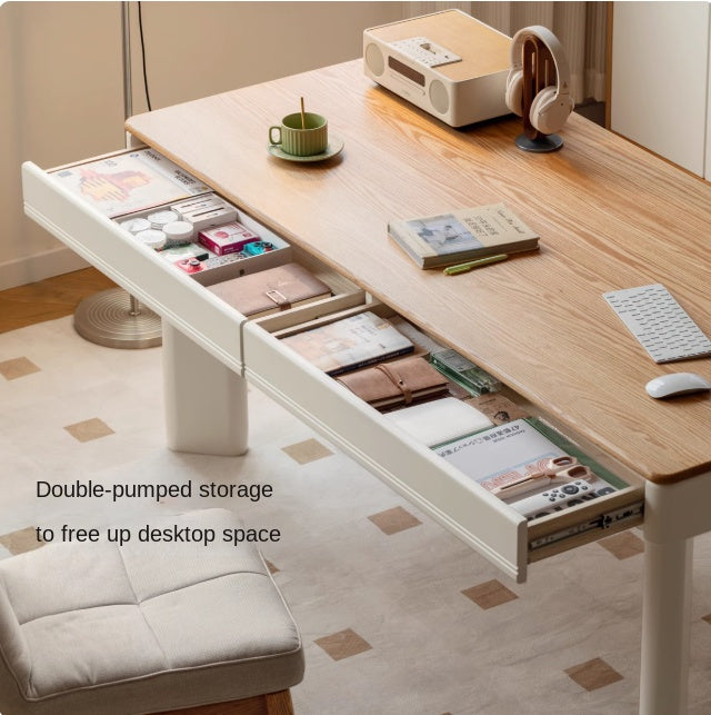 Modern Cream Oak & Poplar Solid Wood Computer Desk with Drawer - Home Office Workstation for Study, Gaming & Remote Work