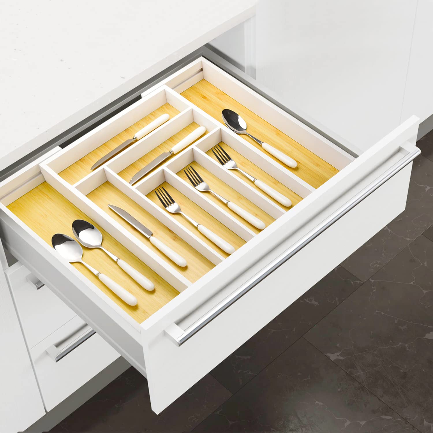 Cozee Bay Bamboo Drawer Organizer - Adjustable Cutlery Tray & Utensil Holder with Dividers for Kitchen, Office Desk, Bathroom Storage (White) | Perfect for Silverware Organization, Desk Supplies & Bathroom Essentials