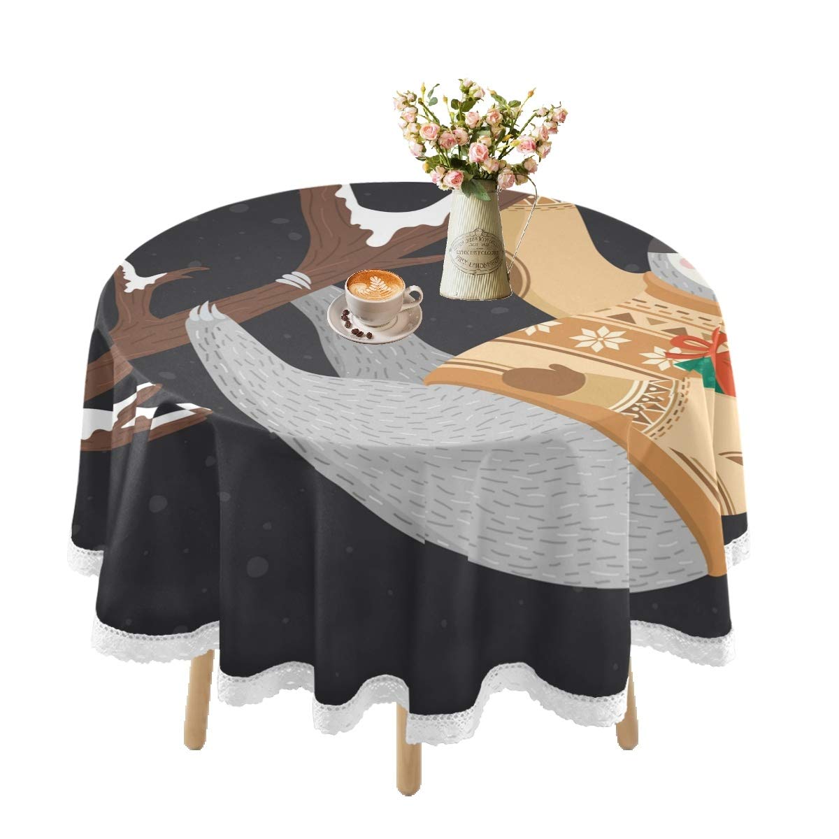 Waterproof Round Tablecloth 60 Inch - Funny Sloth Design for Outdoor Dining, Picnics, Kitchen & Holiday Parties | Rustic Lace Decorative Table Cover for Indoor & Outdoor Use