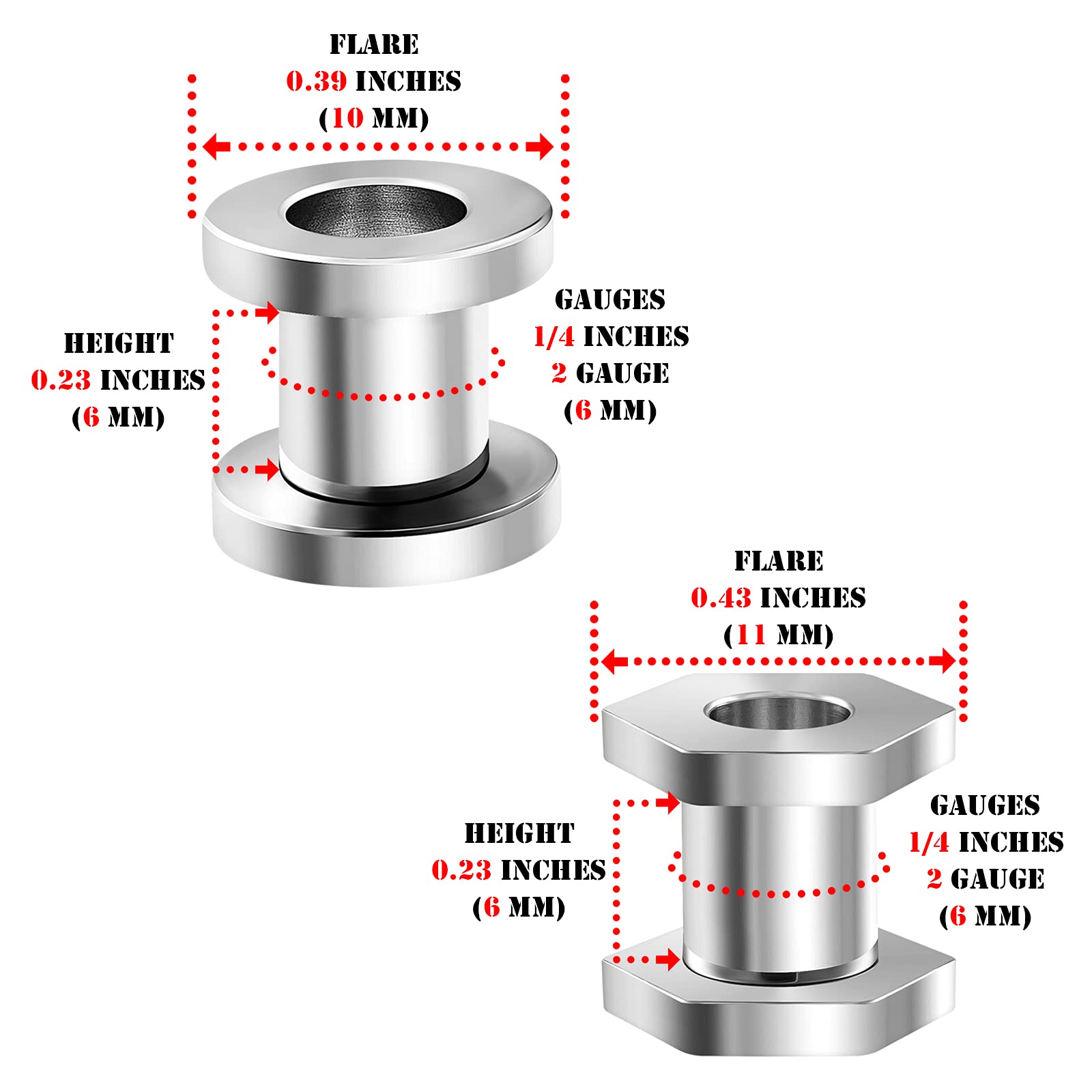2 Pairs 316L Surgical Steel Ear Plugs - Hexagon Tunnel Lobe Earrings for Stretching - Hypoallergenic Body Jewelry for Men & Women - Perfect for Daily Wear, Parties and Alternative Fashion