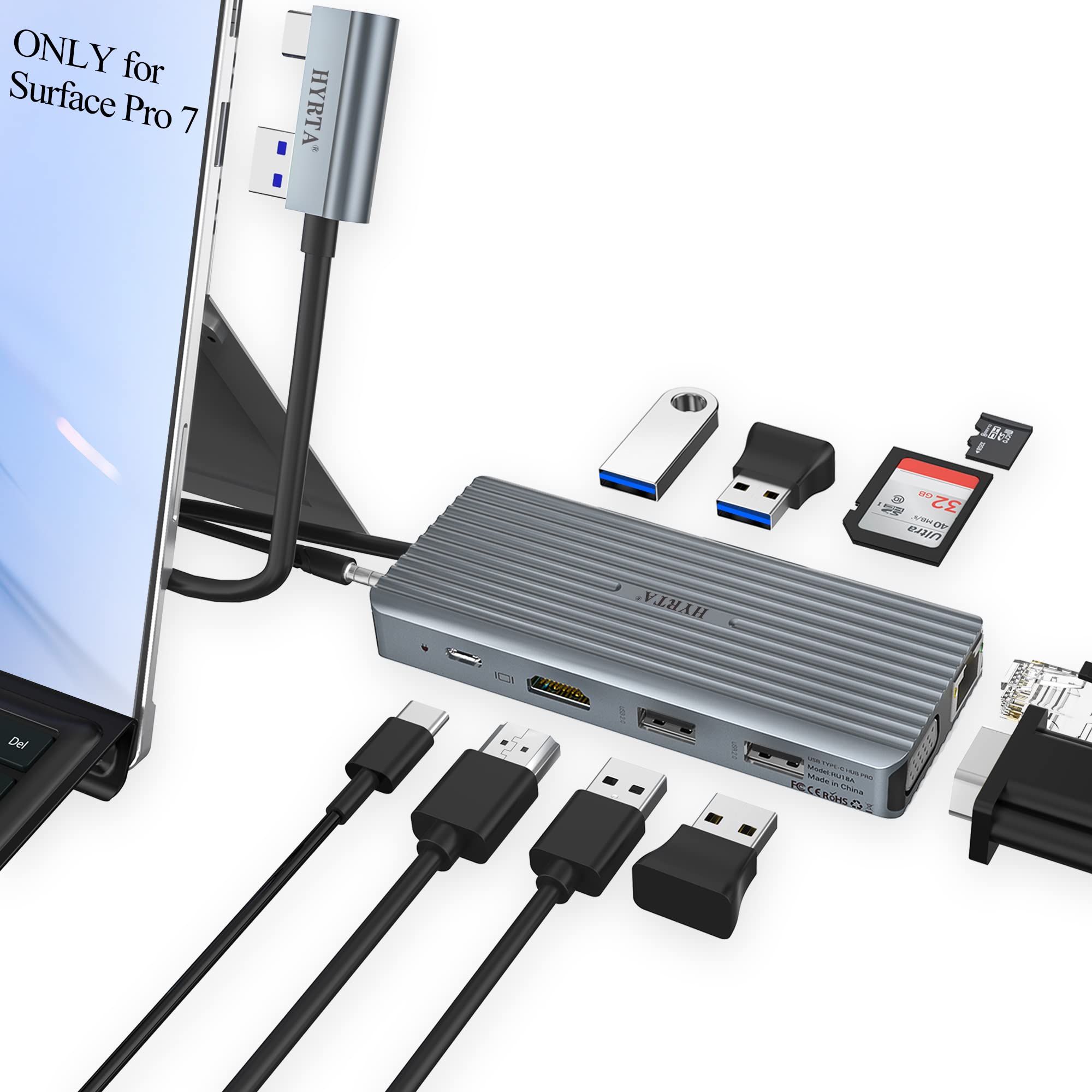 Premium USB C Docking Station for Surface Pro 7/8 - 11-in-1 Multi-Port Hub with 4K HDMI/VGA, Gigabit Ethernet, PD 3.0 Charging, 4 USB Ports (2x USB 3.0 + 2x USB 2.0) - Space Gray | Perfect for Home Office, Remote Work & Dual Monitor Setup