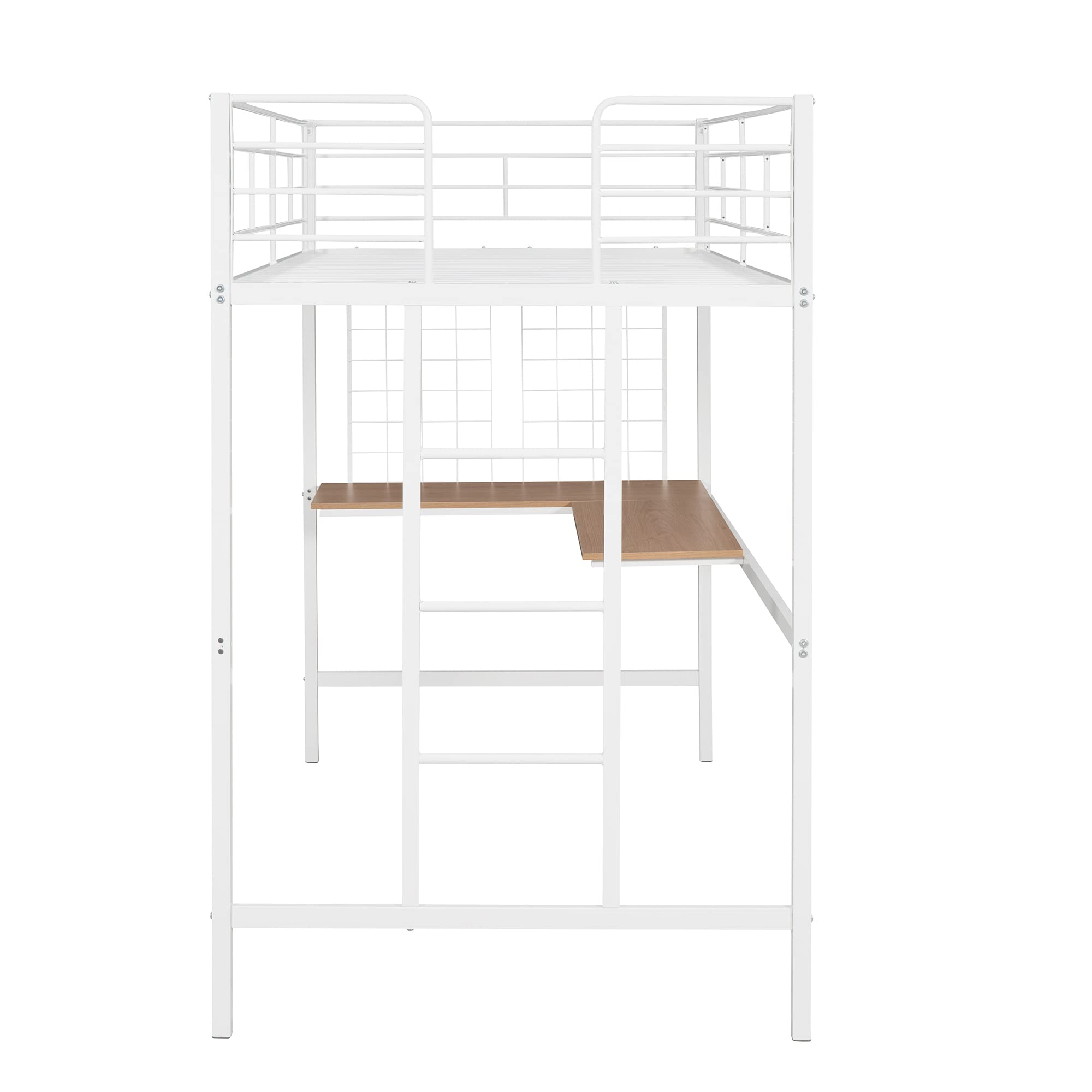Harper & Bright Designs Twin Size Metal Loft Bed with L-Shape Desk - Space Saving Loft Bed Frame with Study Area for Kids & Teens - Sturdy Metal Grid Design - Perfect for Small Bedrooms & Dorm Rooms (White)