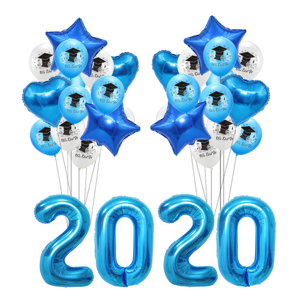 Amosfun 32-Piece Graduation Party Balloon Decorations Kit - 2020 Graduation Foil & Latex Balloons (Blue & White) - Perfect for Graduation Ceremonies, School Parties & Photo Backdrops