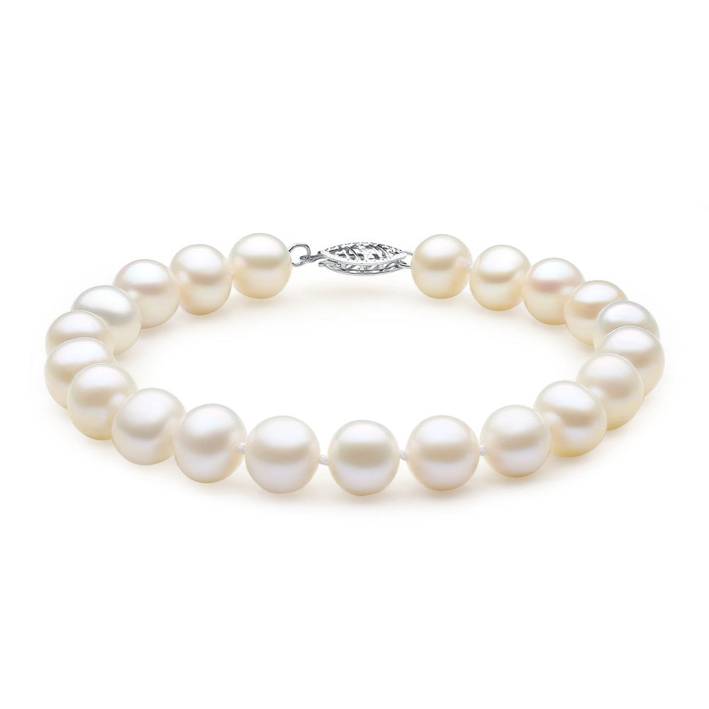 MABELLA 14K Solid White Gold Freshwater Cultured Pearl Bracelet - 8.0-8.5mm White Pearls, 7.5 Inch Adjustable Chain - Elegant Jewelry Gift for Women, Perfect for Weddings, Anniversaries & Special Occasions