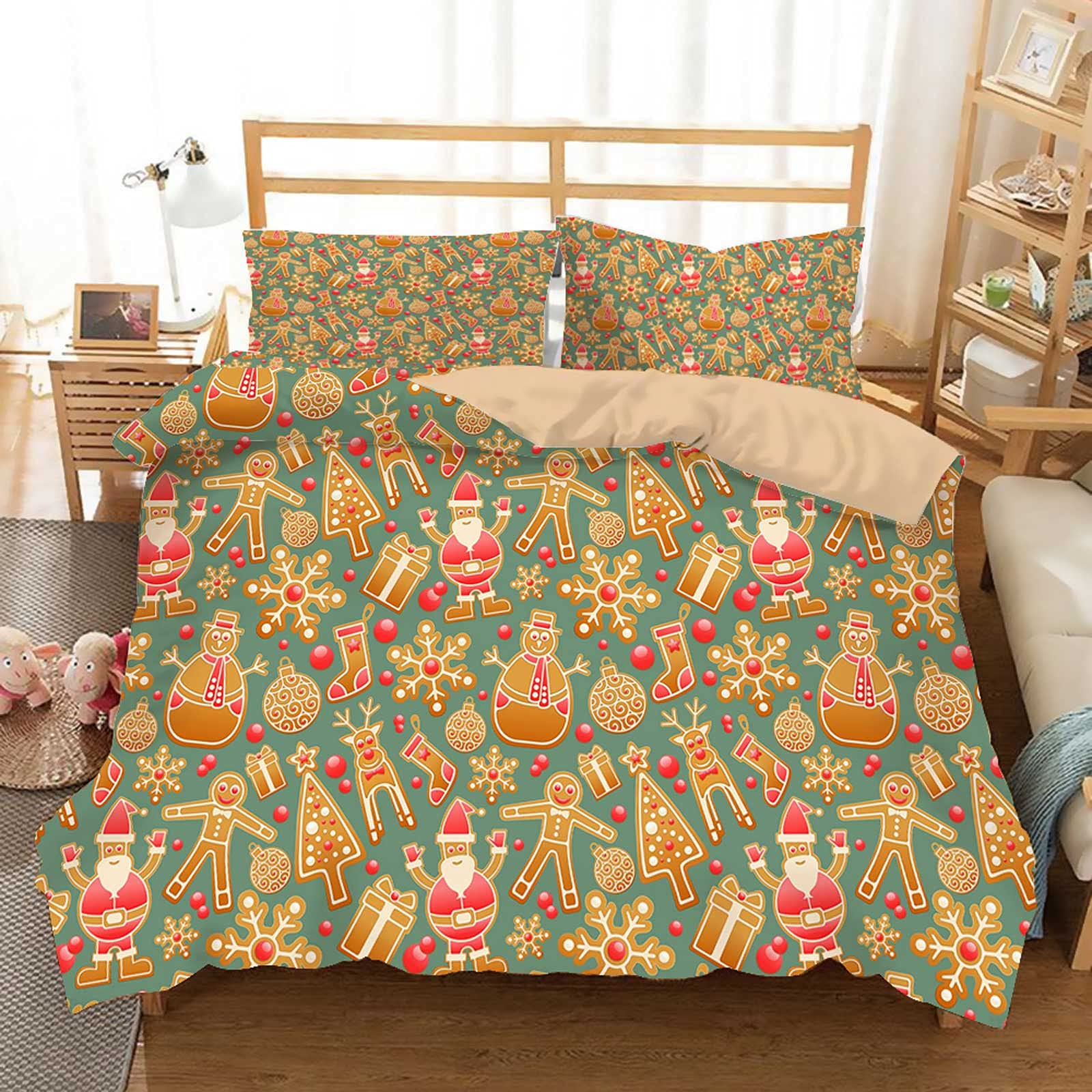 Gingerbread Christmas Duvet Cover Set - Pattern Seamless 3-Piece Bedding with 2 Pillow Shams, Twin Size Holiday Home Decor for Festive Bedroom Makeover