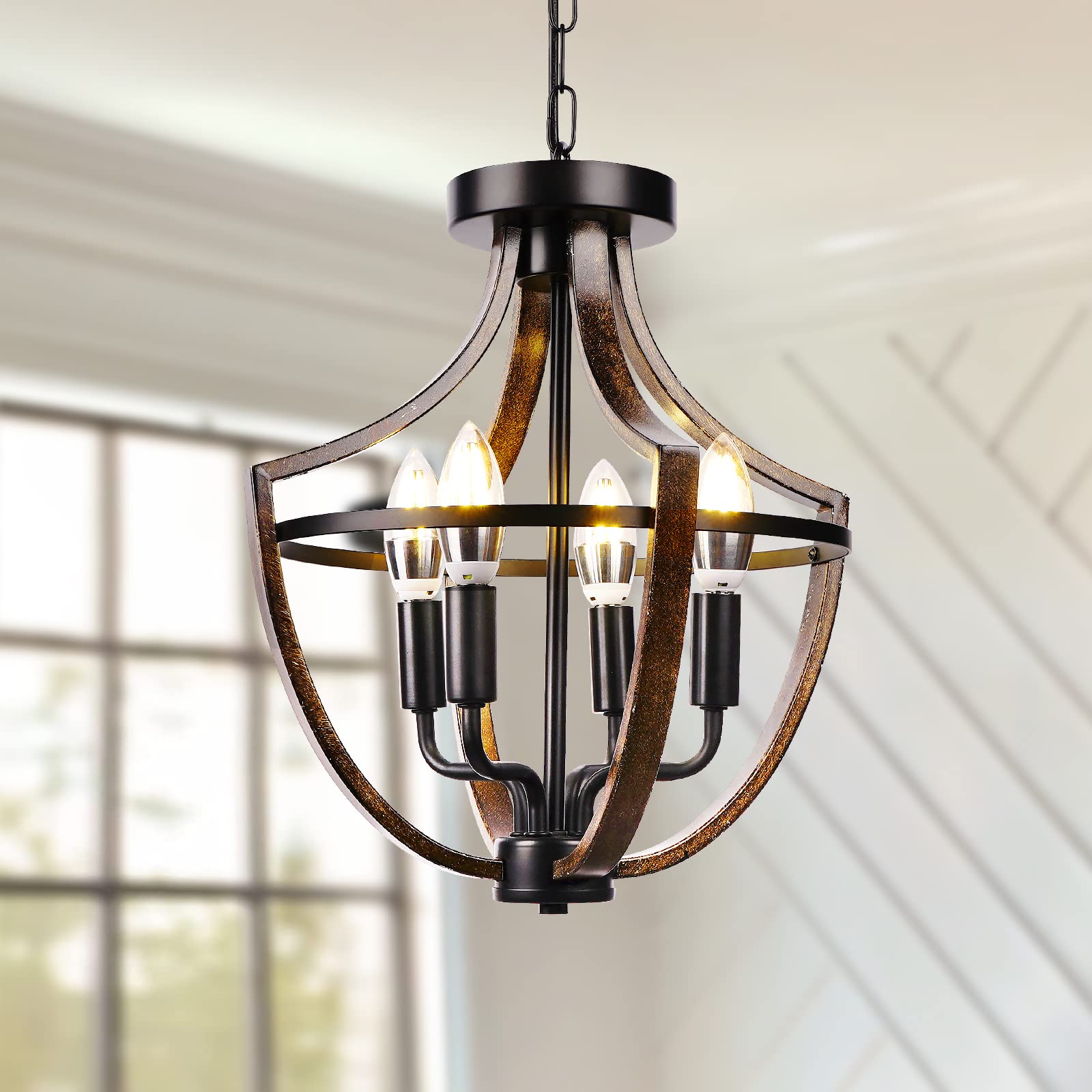 Farmhouse Chandelier 4-Light Flush Mount Ceiling Light - Adjustable Height Metal Dining Room Light Fixture with E12 Base - Perfect for Kitchen Island, Bedroom, Entryway & Farmhouse Decor
