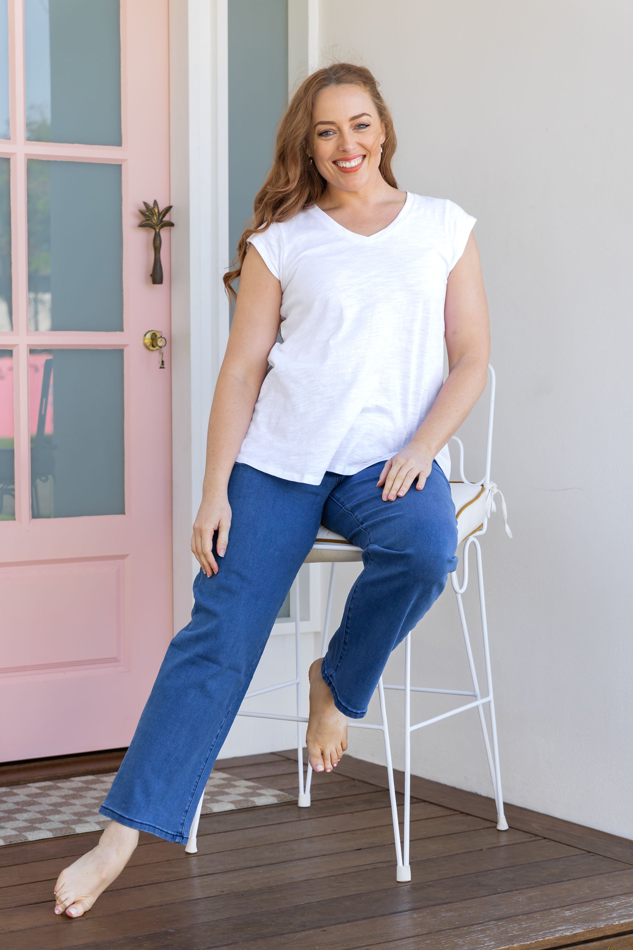 Lara Pull-On Jeans for Women - Mid Blue Denim Stretch Pants - Comfortable & Stylish for Casual Wear, Office, and Travel