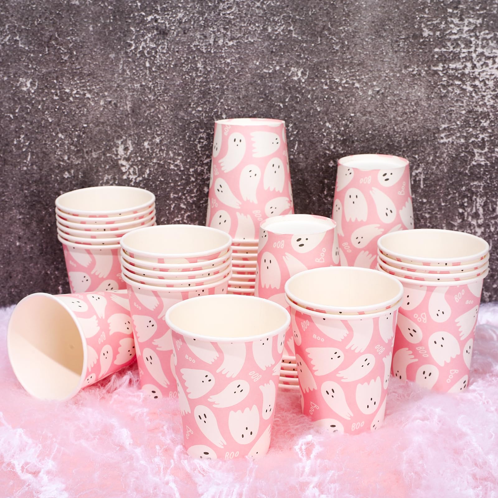 Whaline 50Pcs Halloween Ghost Paper Cups - Cute Pink & White Disposable Cups for Hot/Cold Drinks (9 Oz) - Perfect for Halloween Parties, Coffee, Decor & Table Supplies - Great for Trick-or-Treating, Office Celebrations & Spooky Gatherings