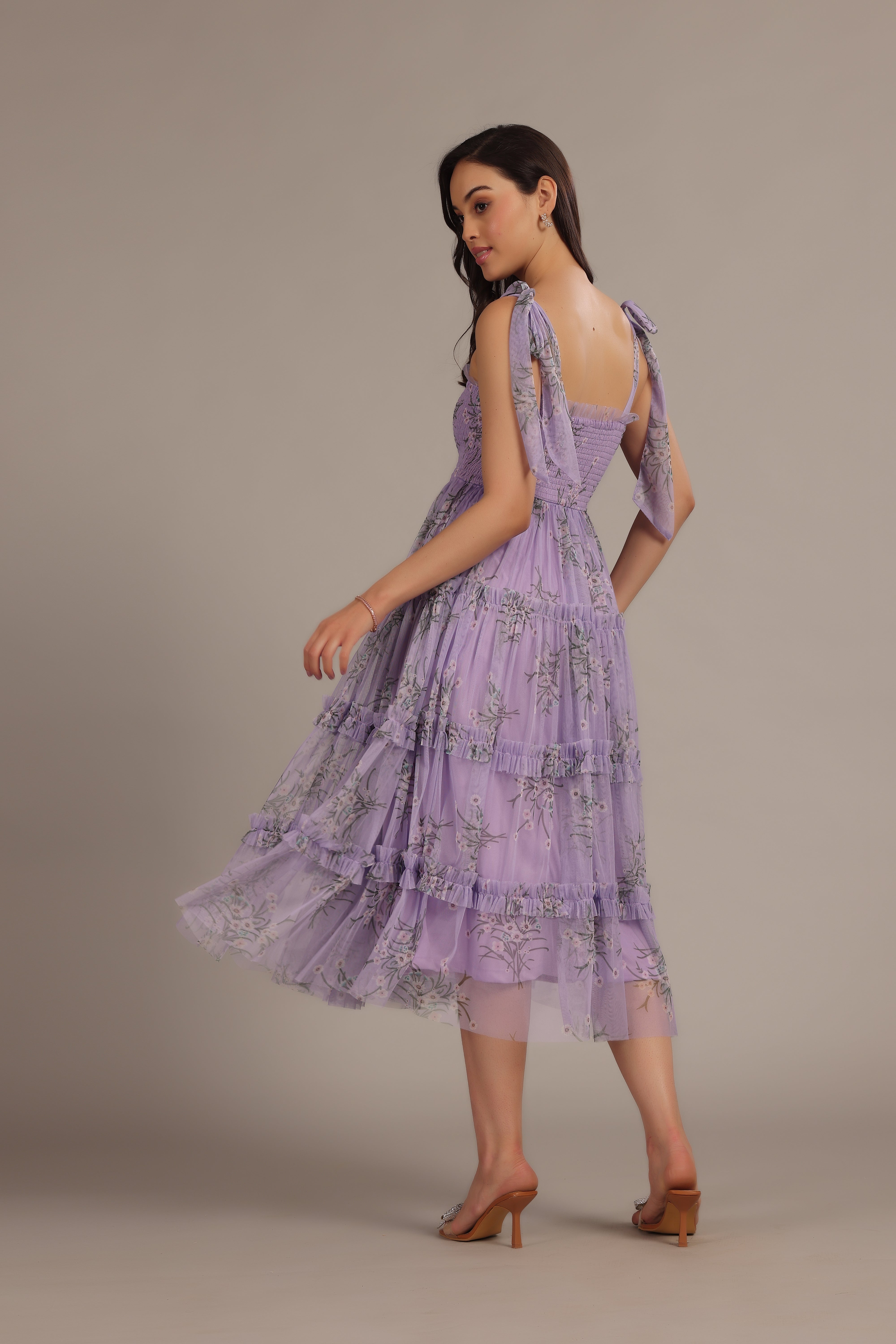 Louise Midi Dress in Lilac Floral Print - Elegant Flowy Summer Dress for Women | Perfect for Weddings, Parties & Date Nights