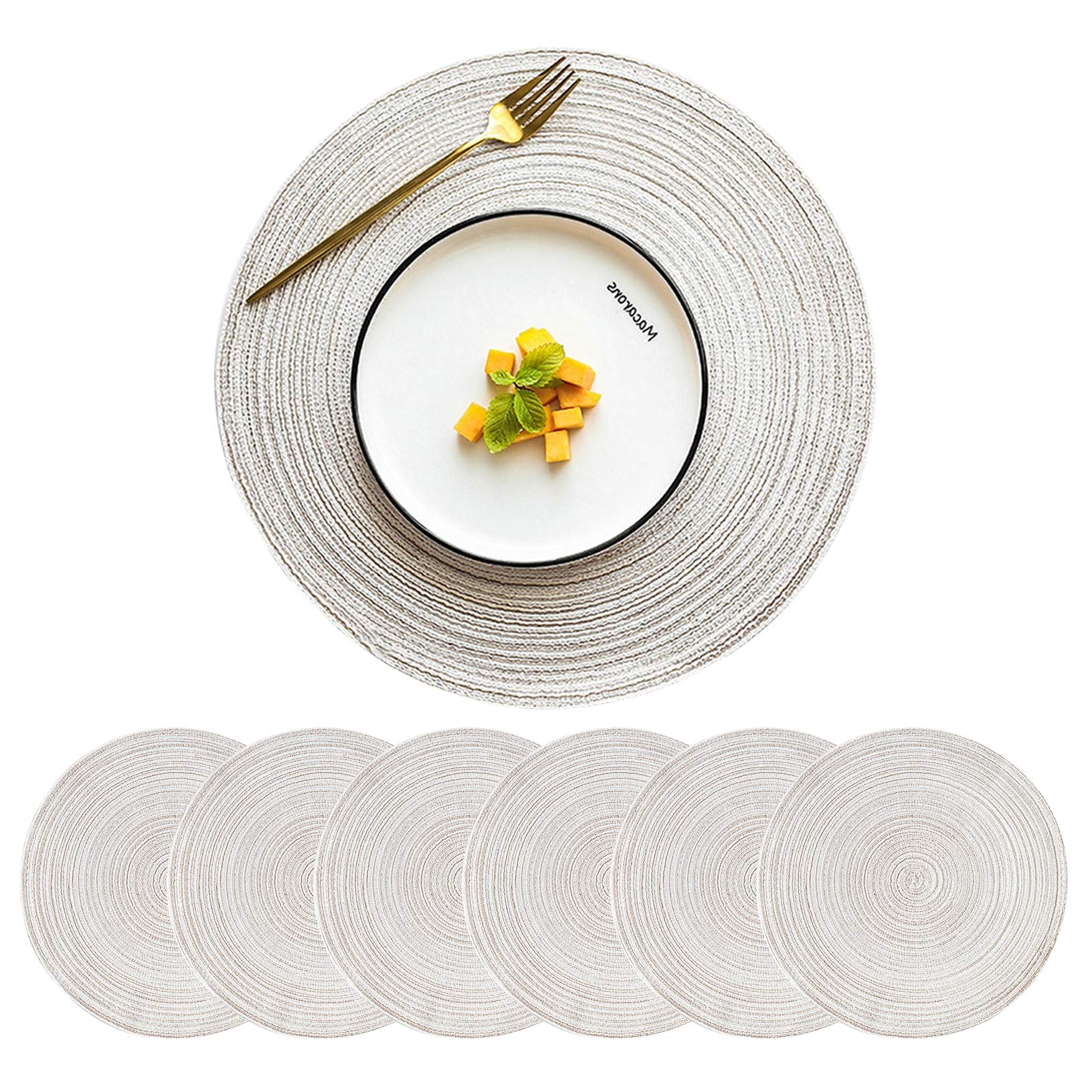 15 Inch Round Woven Placemats Set of 6 - Rustic Beige Linen Braided Table Mats for Dining, Farmhouse & Boho Style Kitchen Decor - Perfect for Dinner Parties, Holiday Gatherings & Everyday Use