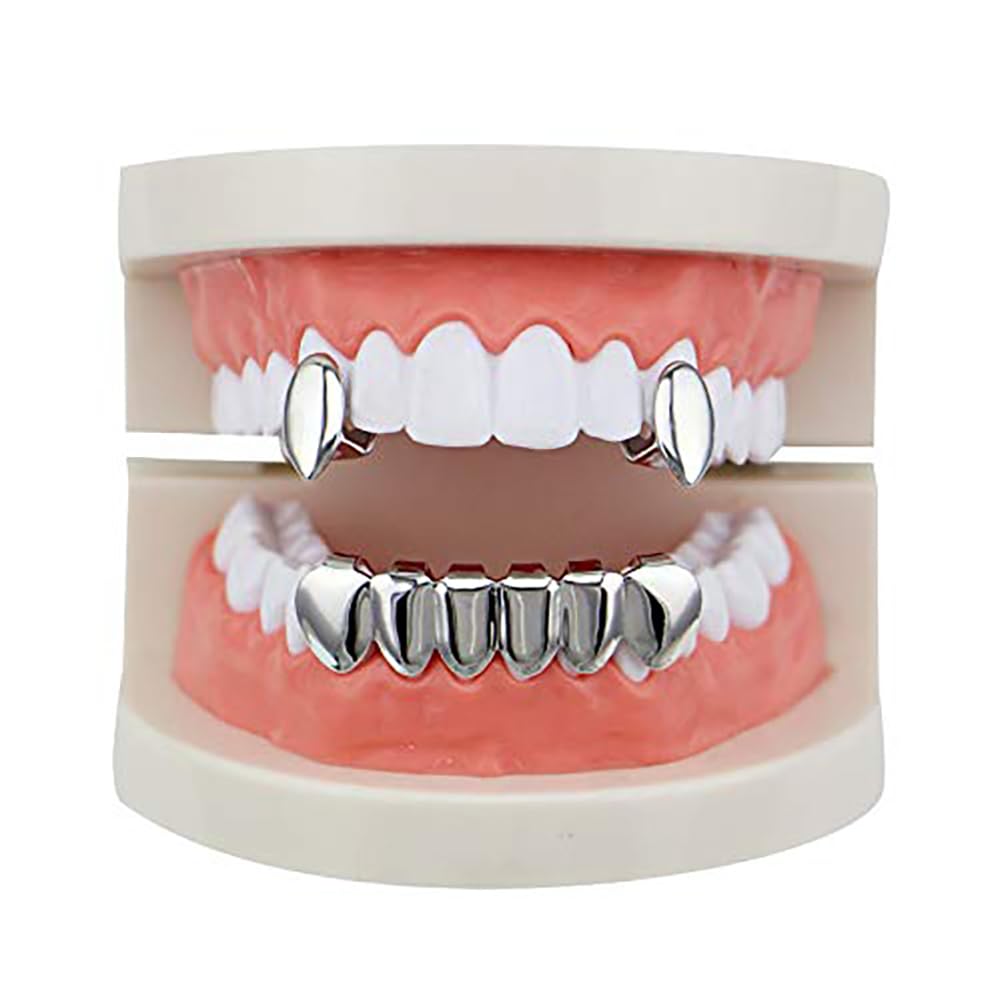 18K Gold Vampire Dracula Teeth Grillz Set - 2 Top Fangs & 6 Bottom Grillz for Halloween Costume, Cosplay & Hip Hop Fashion Accessories