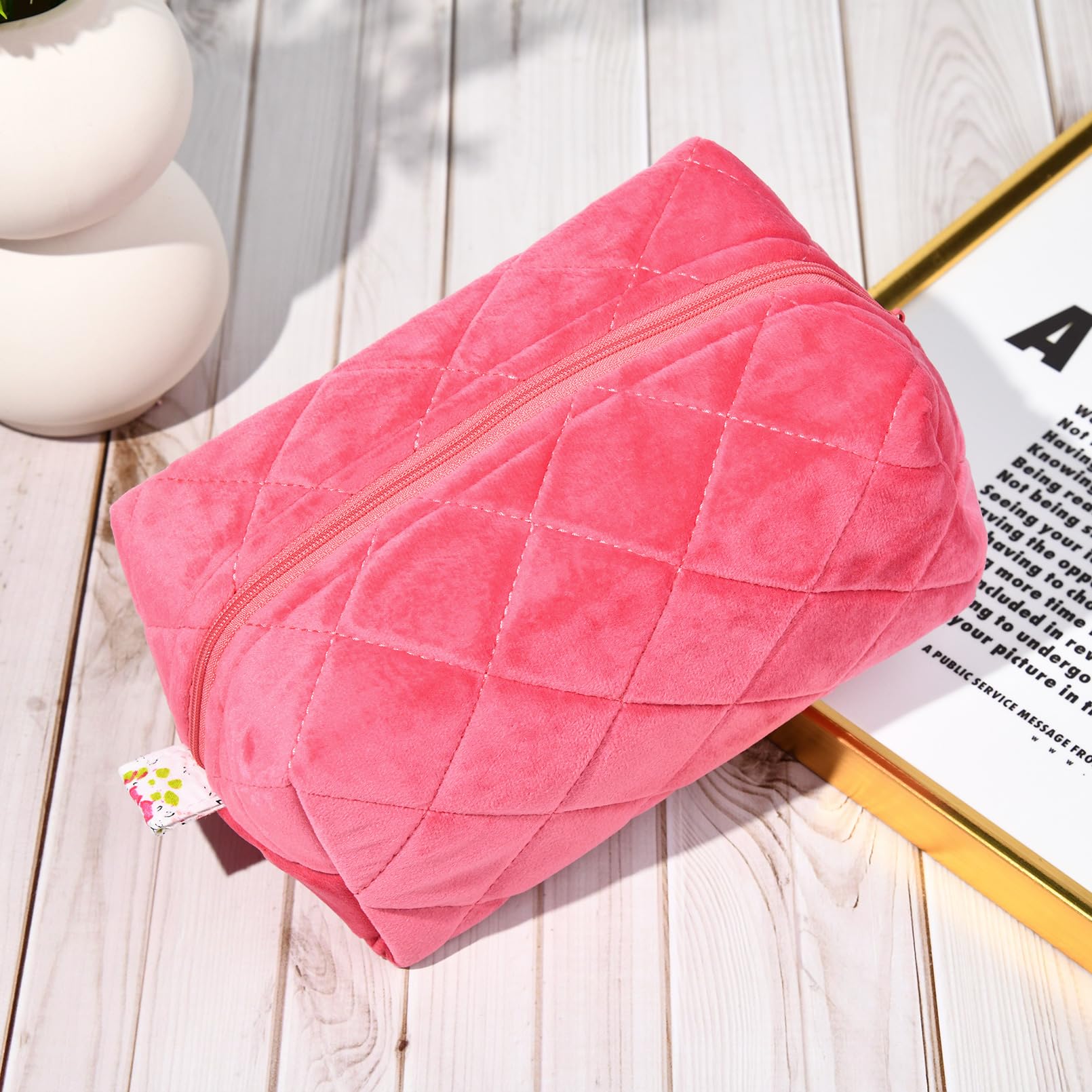 Pink Terry Quilted Makeup Bag | Puffy Coquette Cosmetic Pouch | Aesthetic Cotton Travel Toiletry Organizer | Women's Makeup Brush Storage Bag | Perfect for Travel, Gym & Daily Beauty Essentials