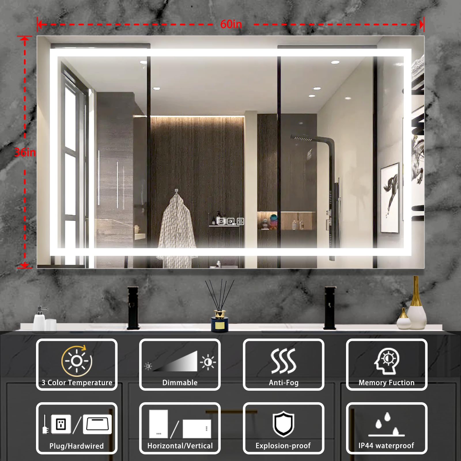 24x32 Inch LED Bathroom Mirror with Lights - Dimmable Anti-Fog Vanity Mirror with Memory Function, Front Lit Wall Mounted Mirror, Sand Matte White Finish & Waterproof Glass for Makeup, Shaving & Home Decor